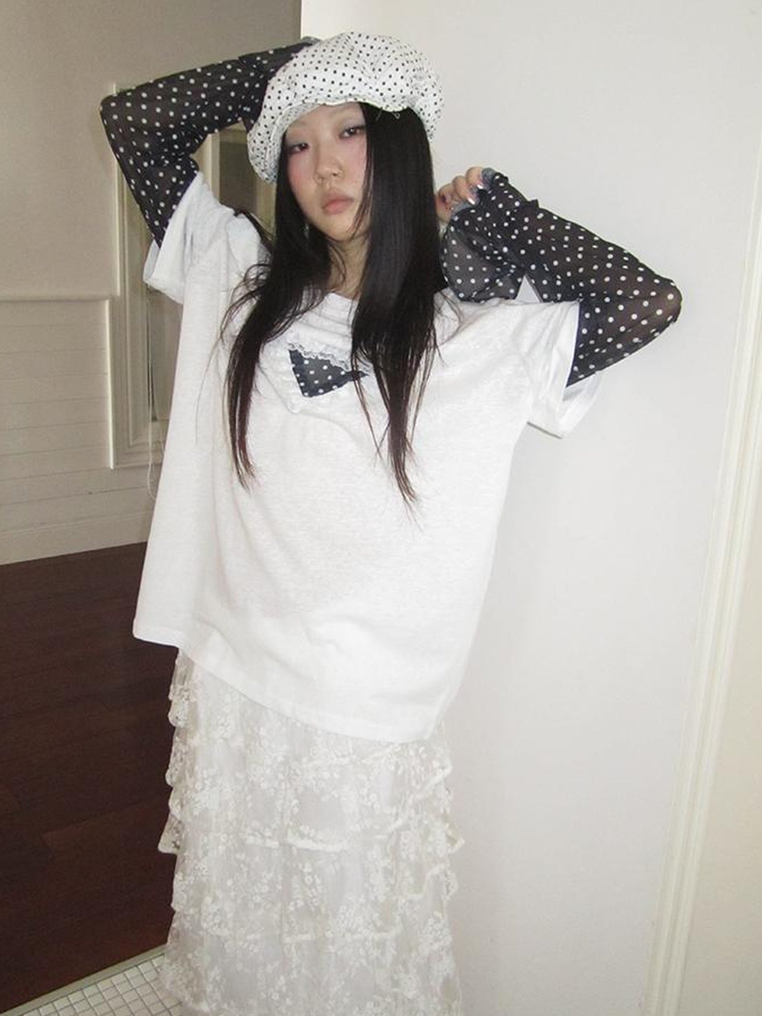 Updateang project Lace Dot Mesh Layered Loose Fit Long Sleeve Tee