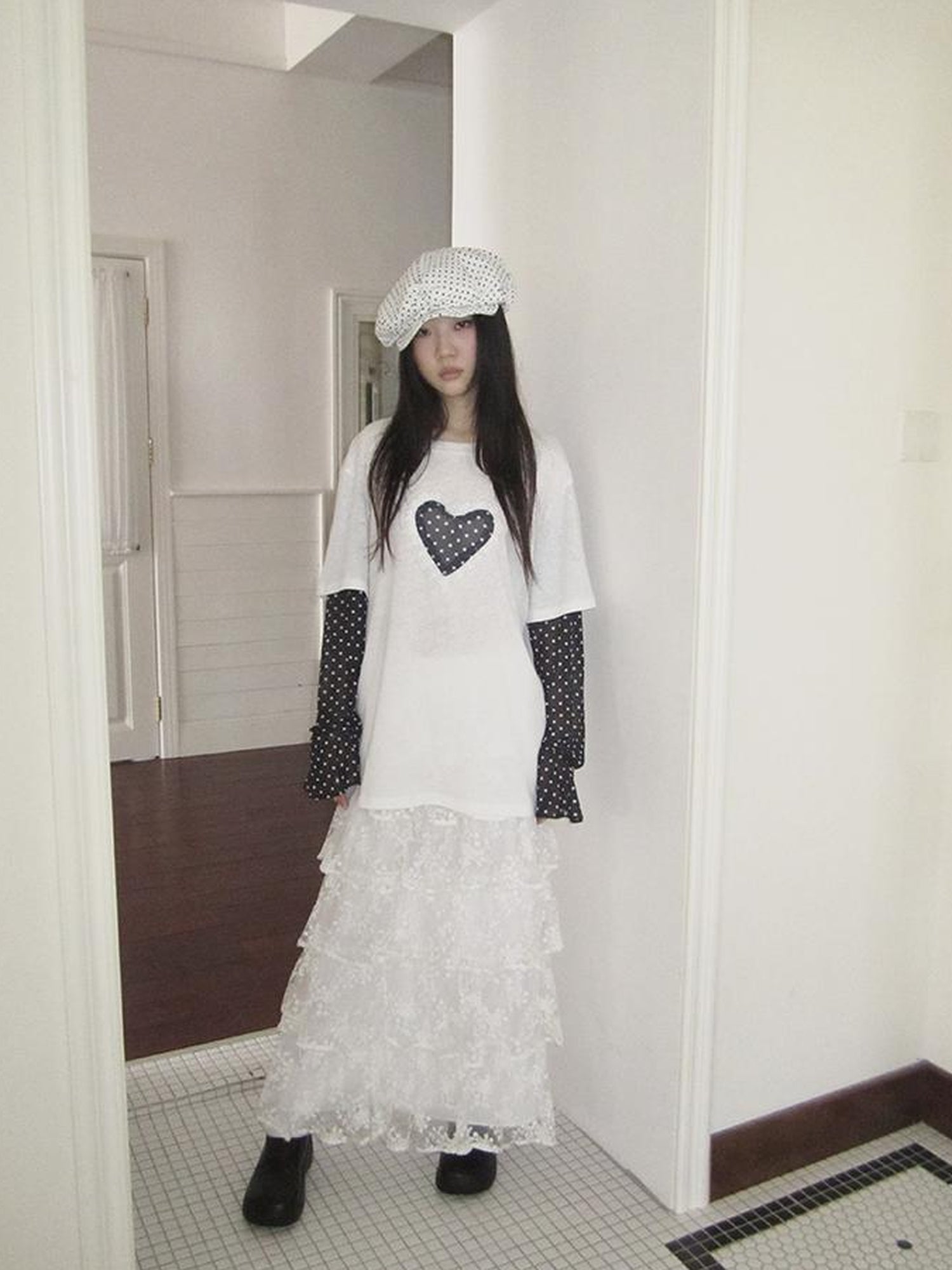 Updateang project Lace Dot Mesh Layered Loose Fit Long Sleeve Tee