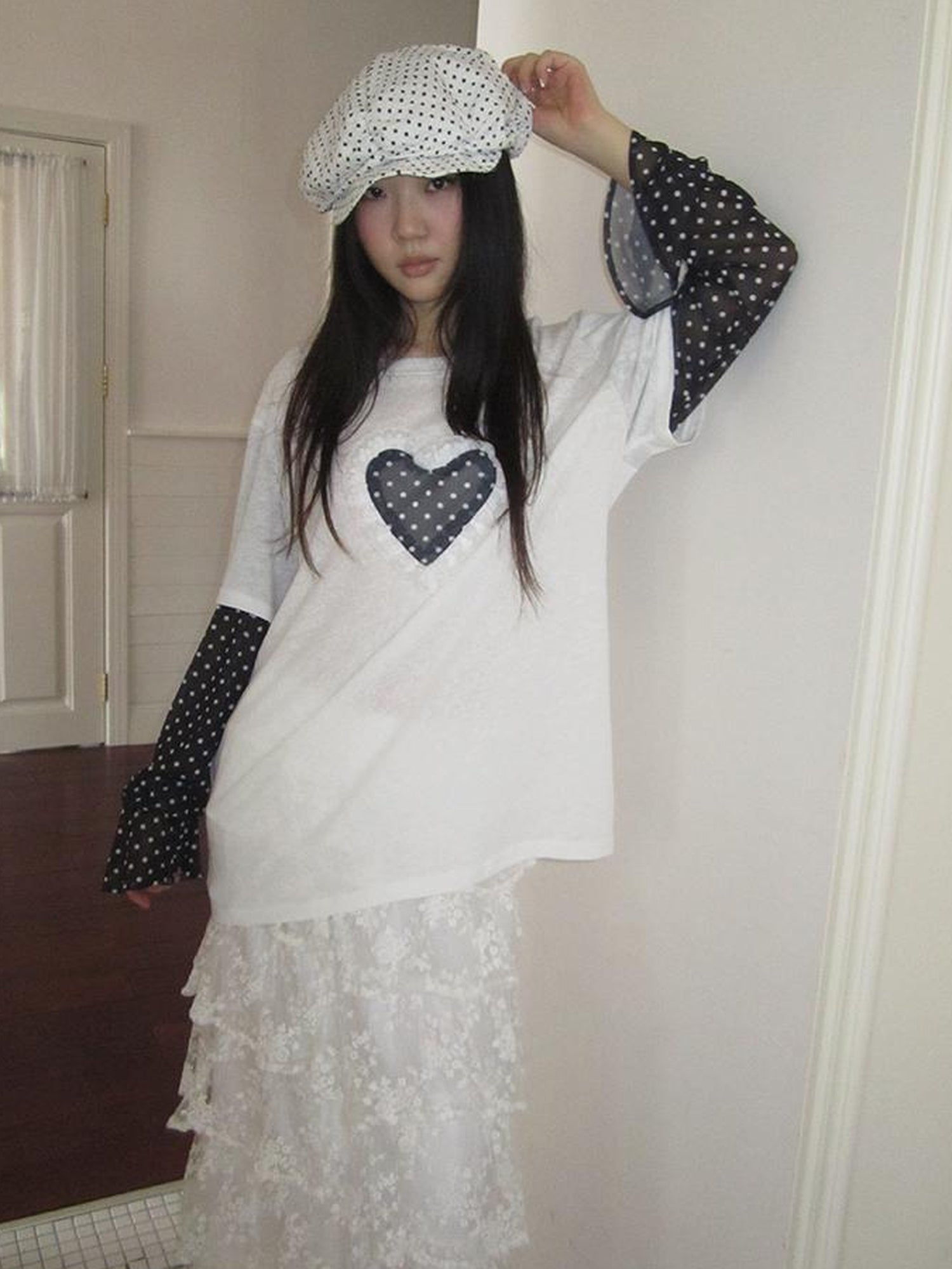 Updateang project Lace Dot Mesh Layered Loose Fit Long Sleeve Tee