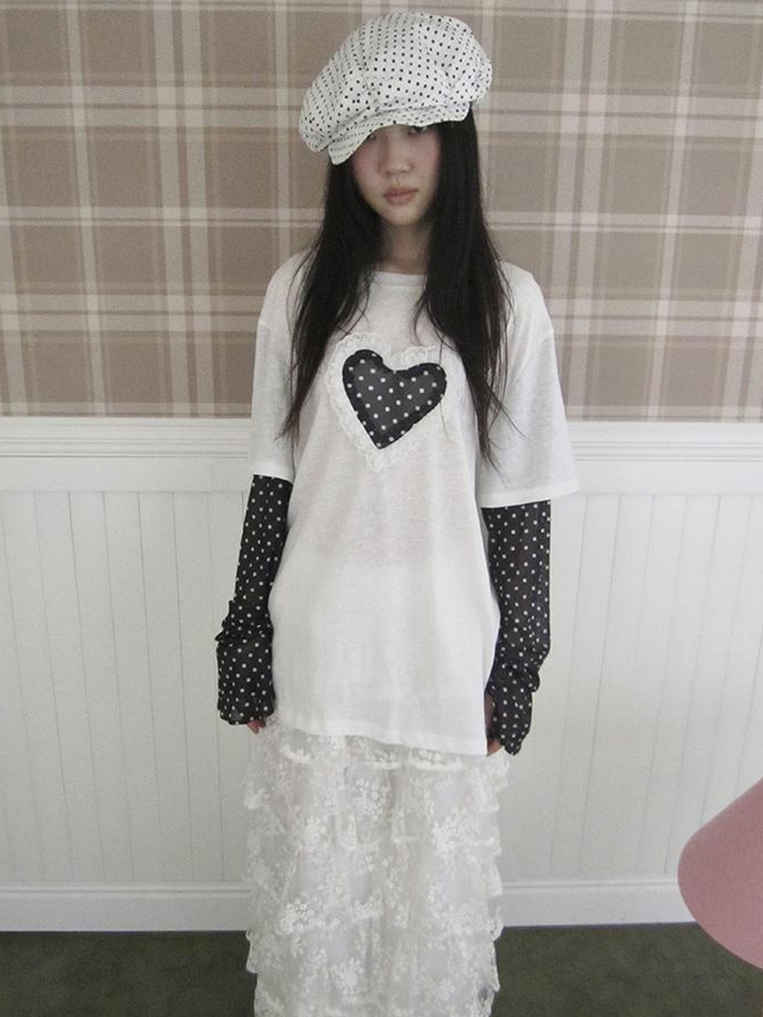 Updateang project Lace Dot Mesh Layered Loose Fit Long Sleeve Tee