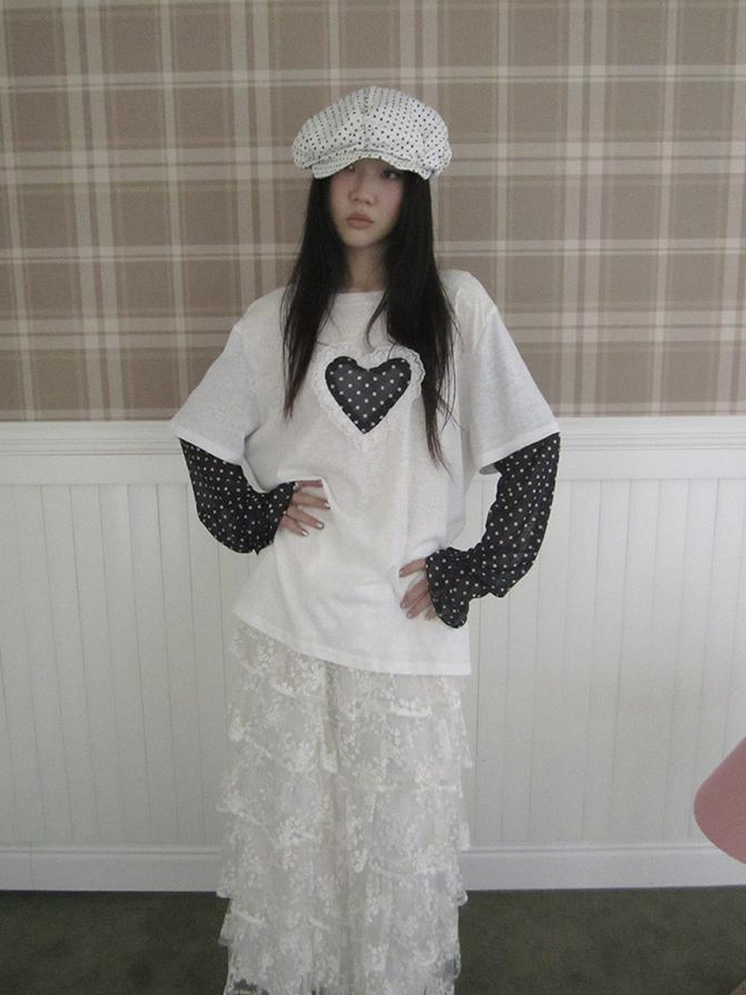 Updateang project Lace Dot Mesh Layered Loose Fit Long Sleeve Tee