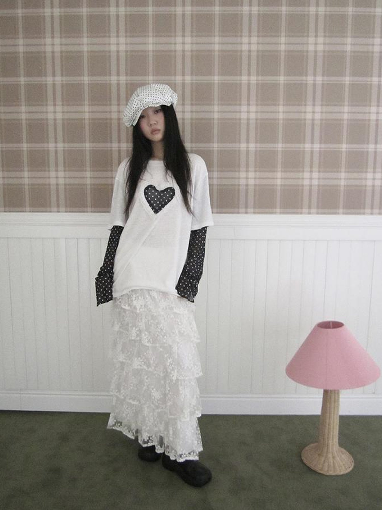 Updateang project Lace Dot Mesh Layered Loose Fit Long Sleeve Tee