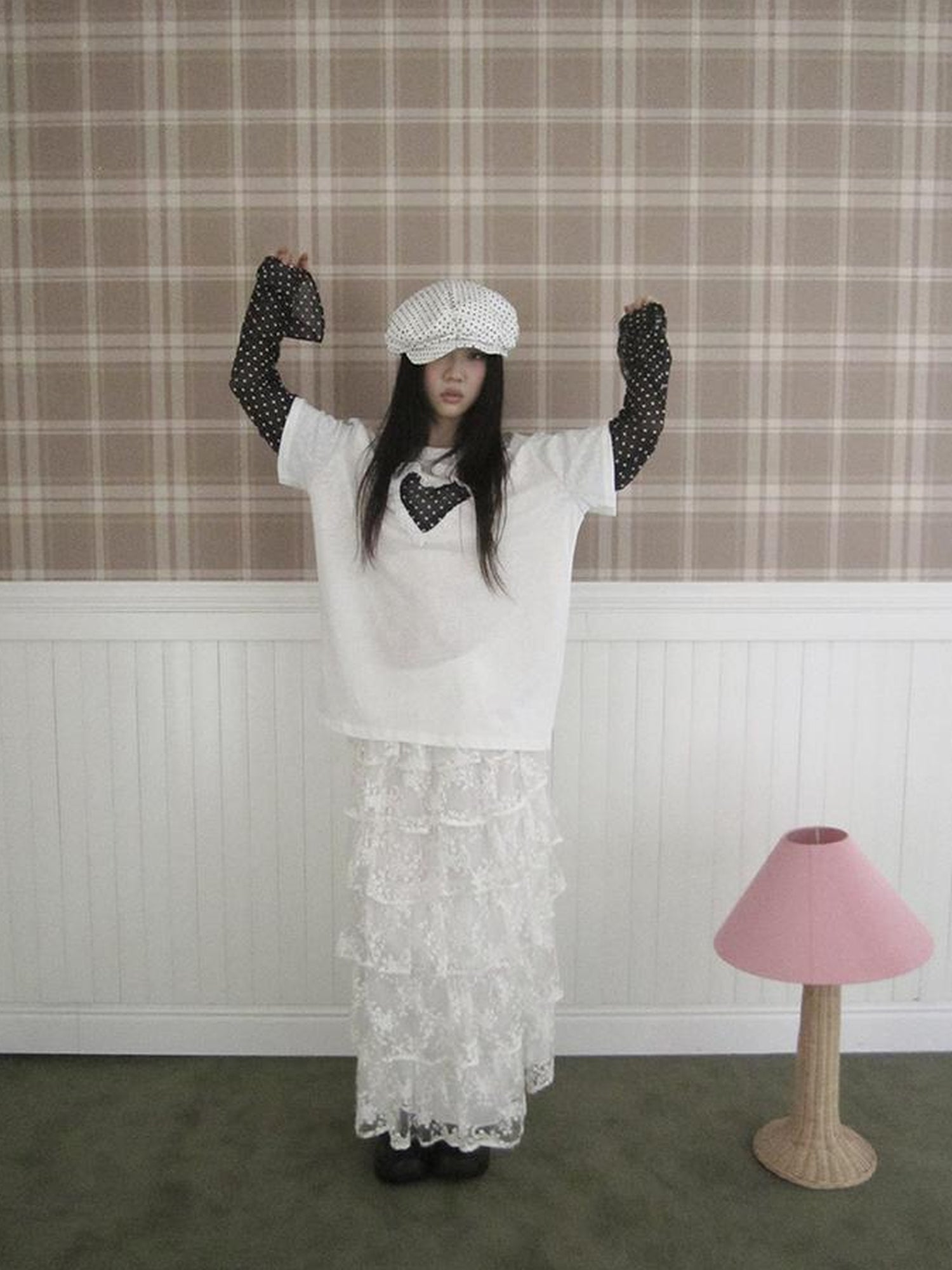 Updateang project Lace Dot Mesh Layered Loose Fit Long Sleeve Tee