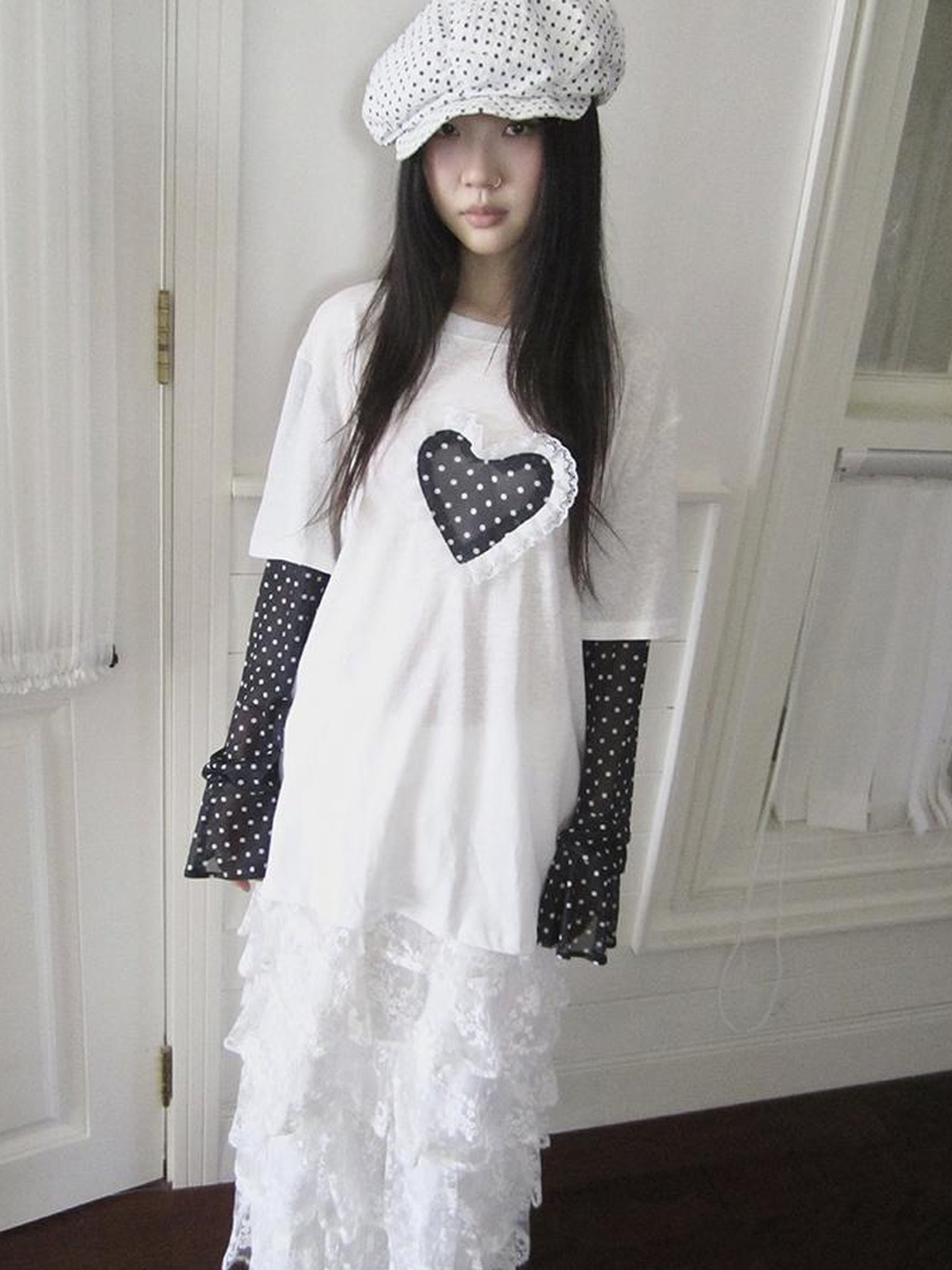 Updateang project Lace Dot Mesh Layered Loose Fit Long Sleeve Tee