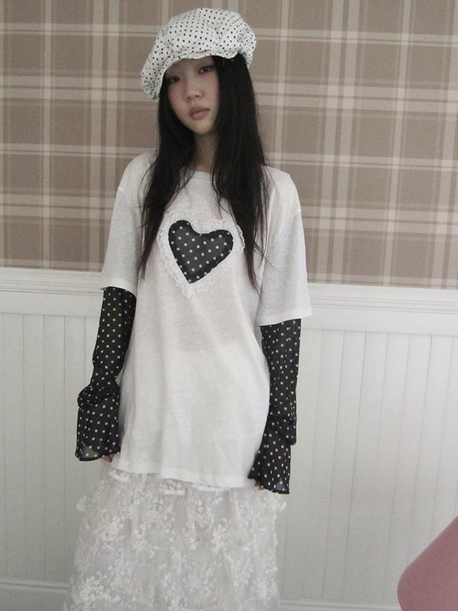 Updateang project Lace Dot Mesh Layered Loose Fit Long Sleeve Tee