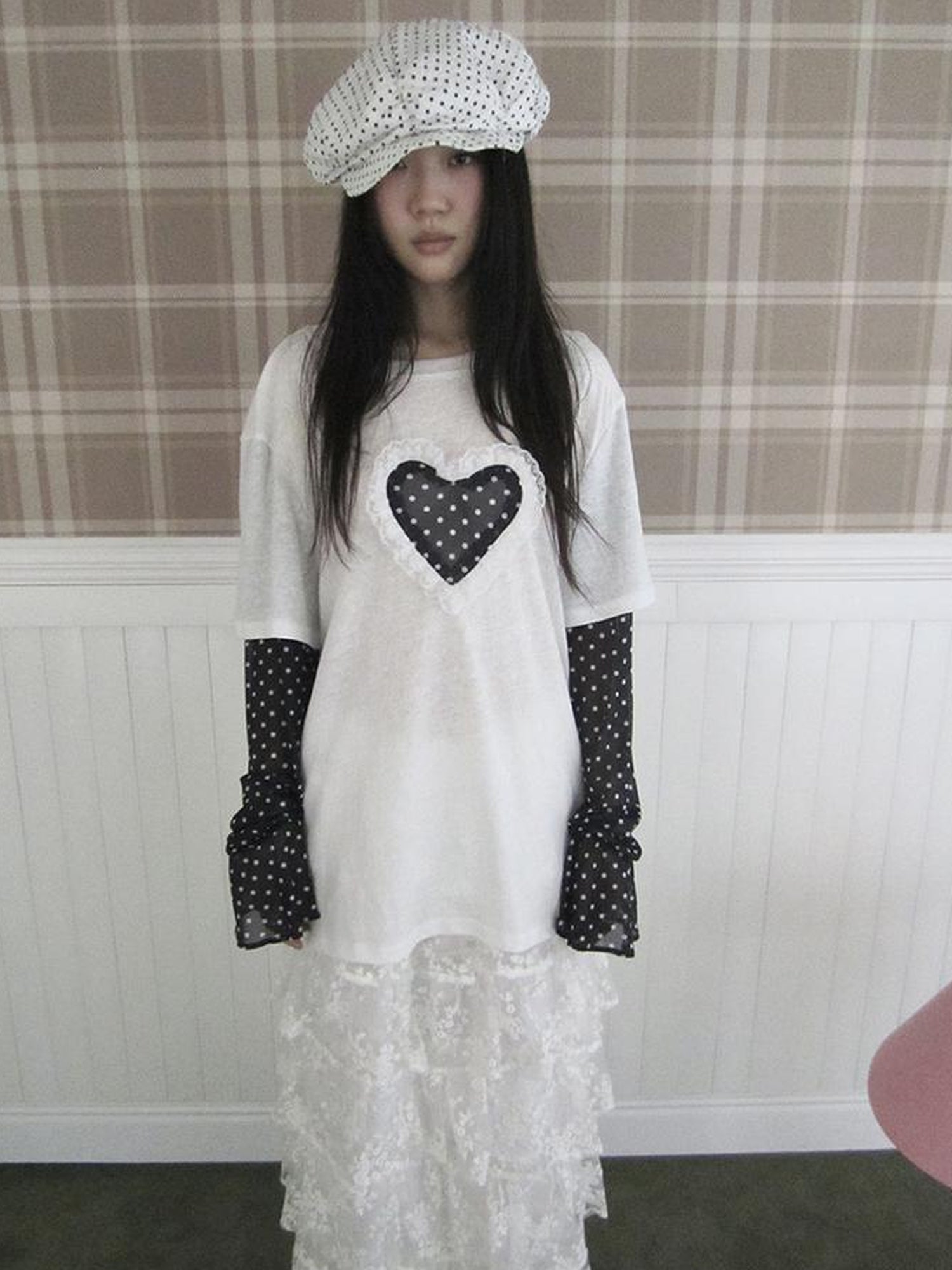 Updateang project Lace Dot Mesh Layered Loose Fit Long Sleeve Tee