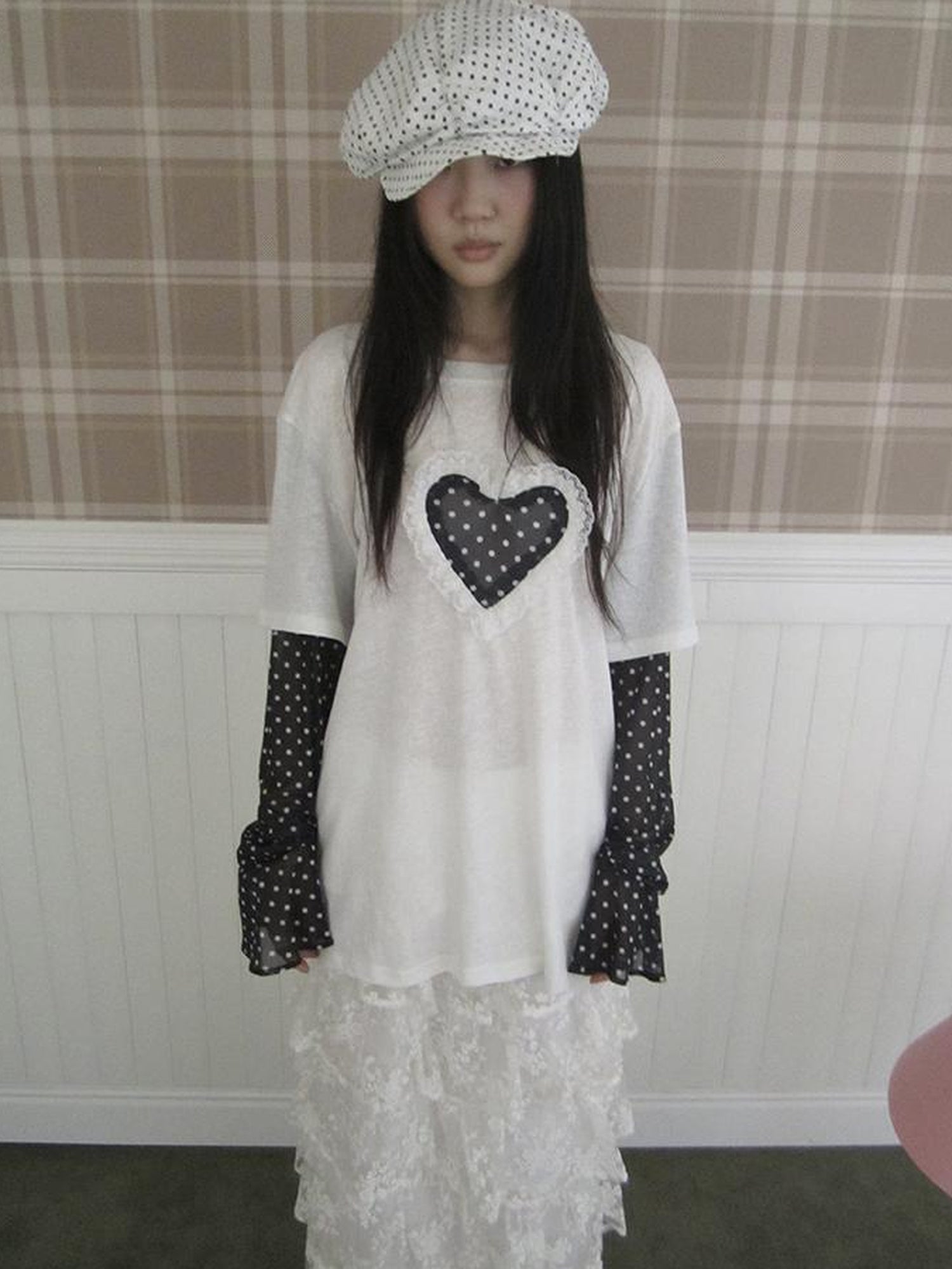 Updateang project Lace Dot Mesh Layered Loose Fit Long Sleeve Tee