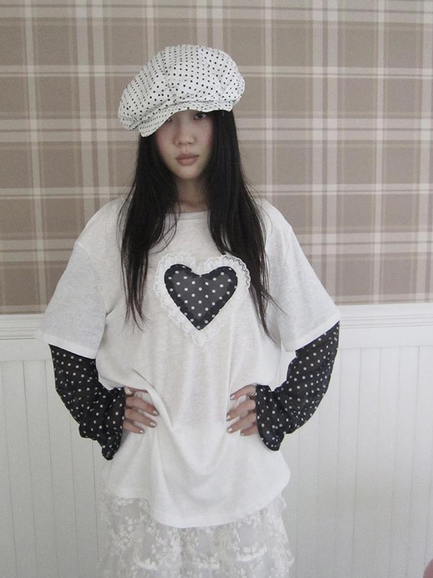 Updateang project Lace Dot Mesh Layered Loose Fit Long Sleeve Tee
