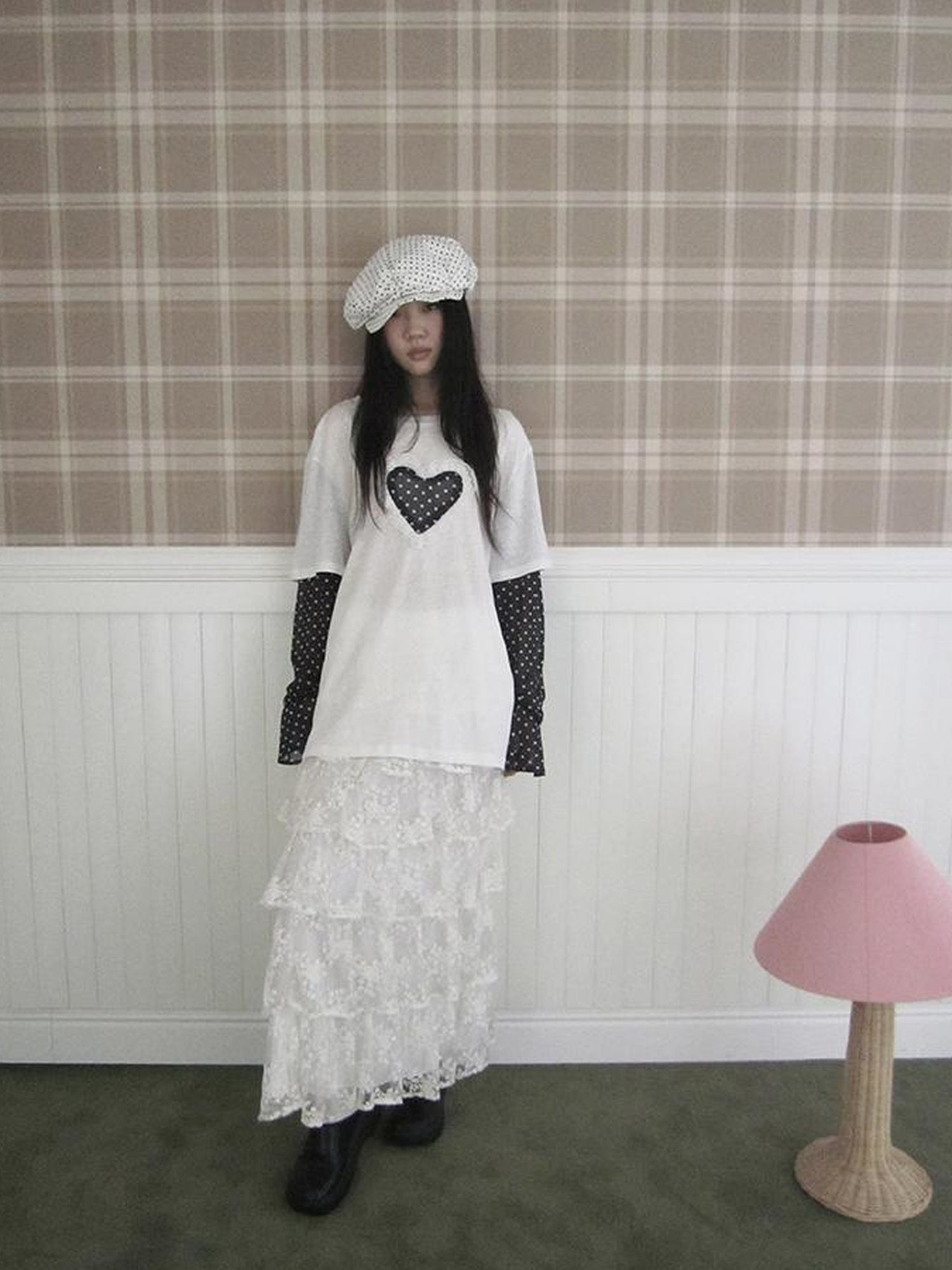 Updateang project Lace Dot Mesh Layered Loose Fit Long Sleeve Tee