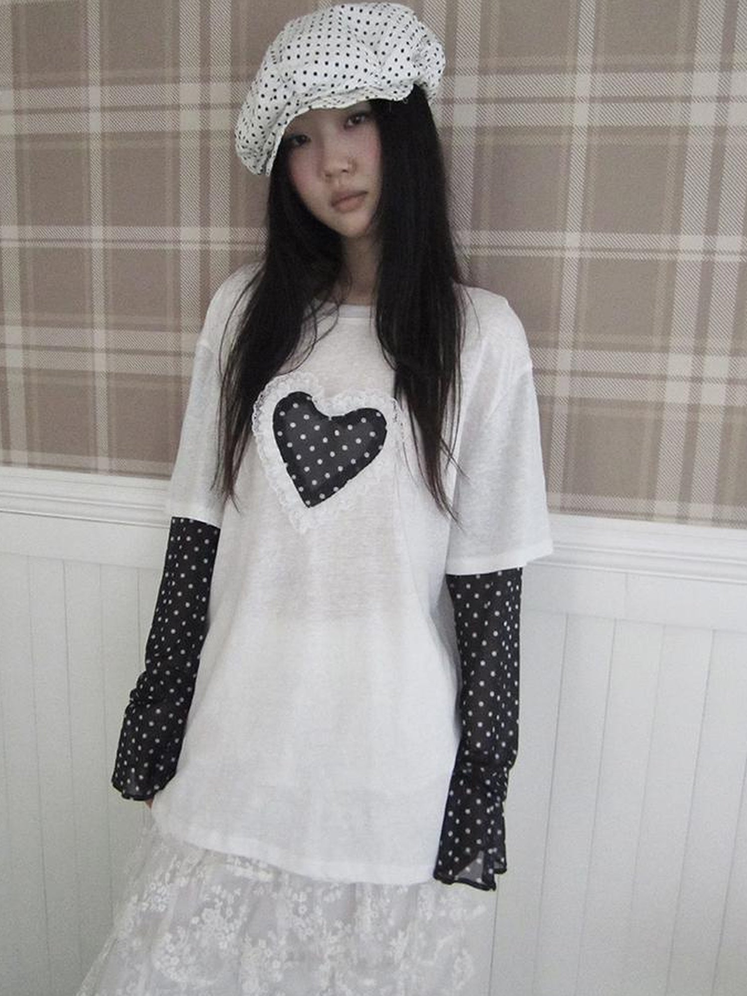 Updateang project Lace Dot Mesh Layered Loose Fit Long Sleeve Tee