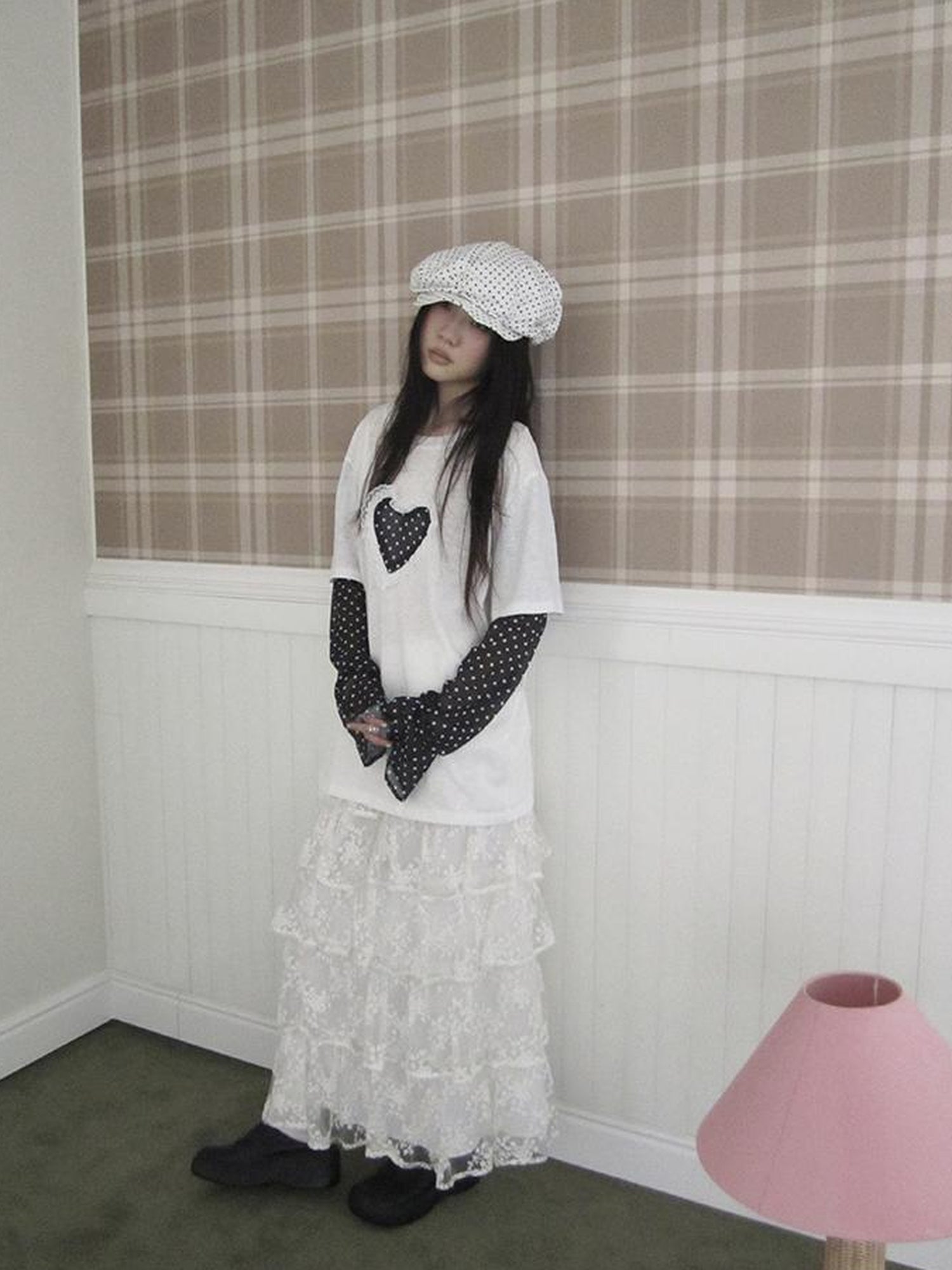 Updateang project Lace Dot Mesh Layered Loose Fit Long Sleeve Tee