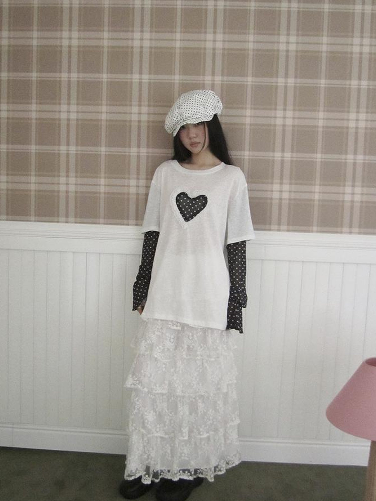 Updateang project Lace Dot Mesh Layered Loose Fit Long Sleeve Tee