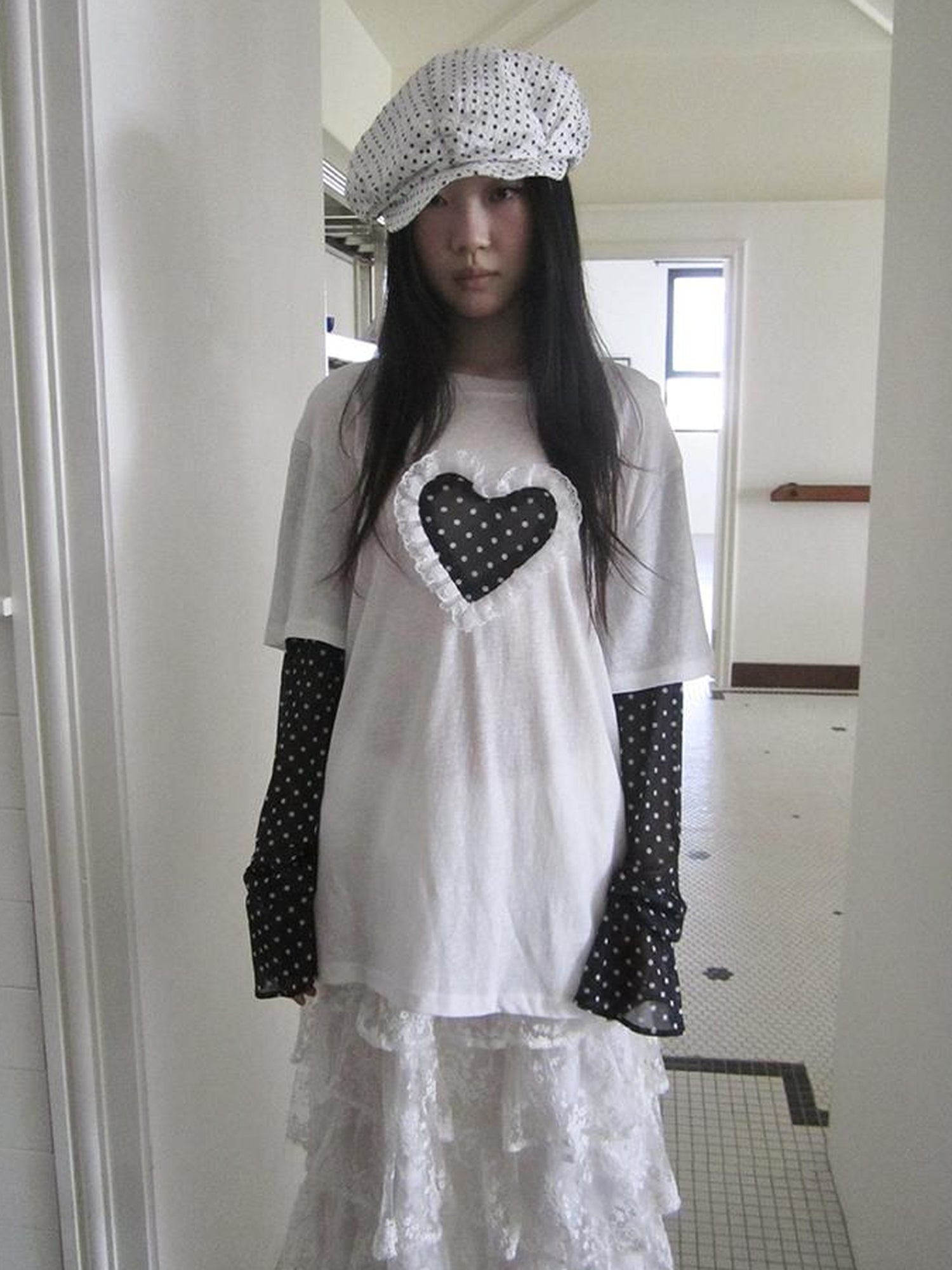 Updateang project Lace Dot Mesh Layered Loose Fit Long Sleeve Tee