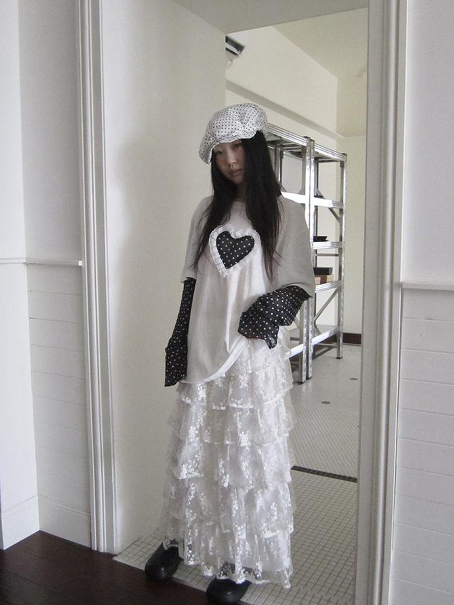 Updateang project Lace Dot Mesh Layered Loose Fit Long Sleeve Tee