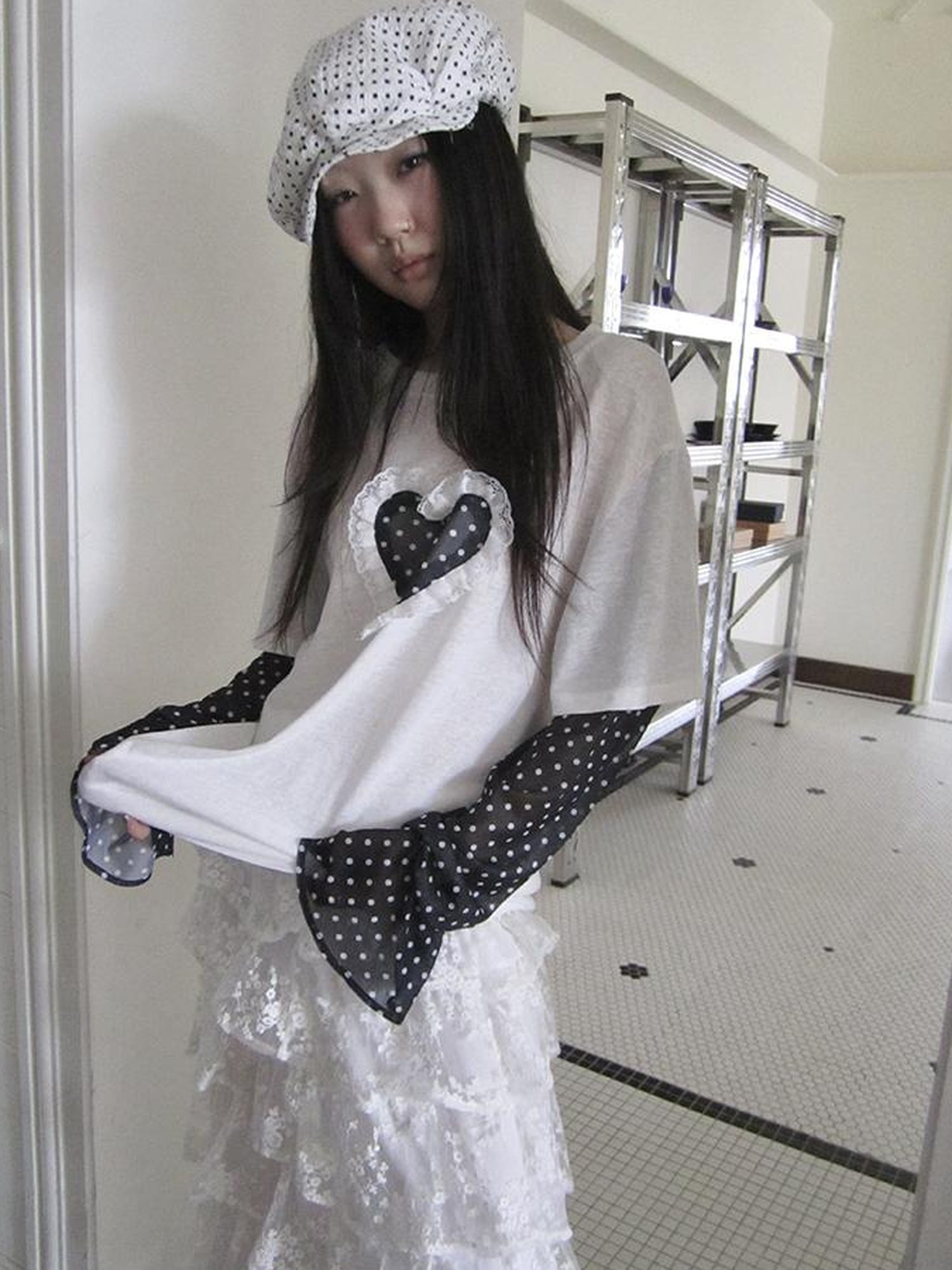 Updateang project Lace Dot Mesh Layered Loose Fit Long Sleeve Tee