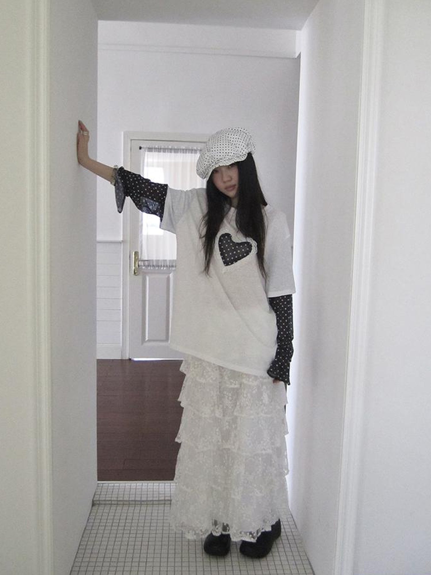 Updateang project Lace Dot Mesh Layered Loose Fit Long Sleeve Tee