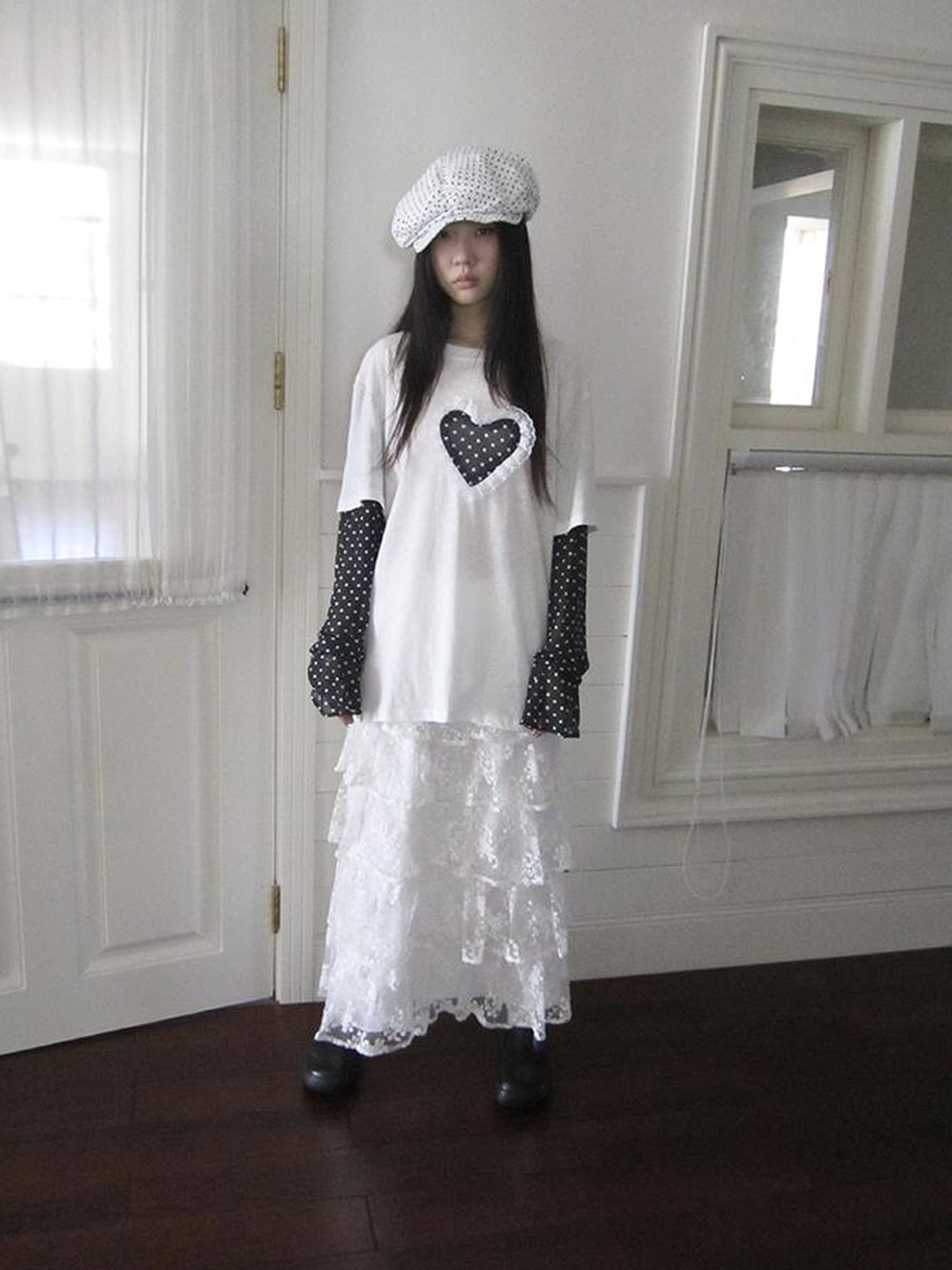 Updateang project Lace Dot Mesh Layered Loose Fit Long Sleeve Tee