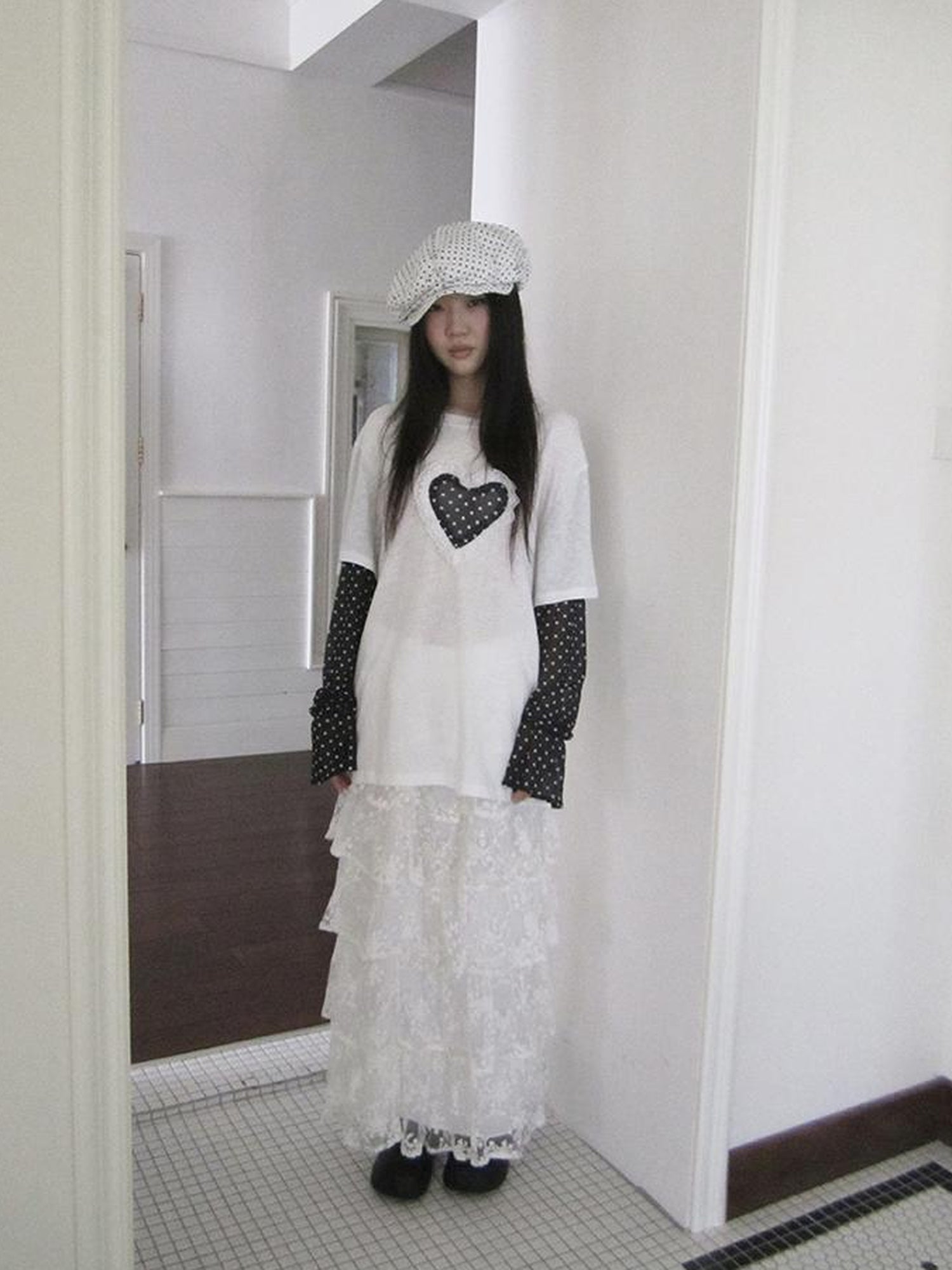Updateang project Lace Dot Mesh Layered Loose Fit Long Sleeve Tee