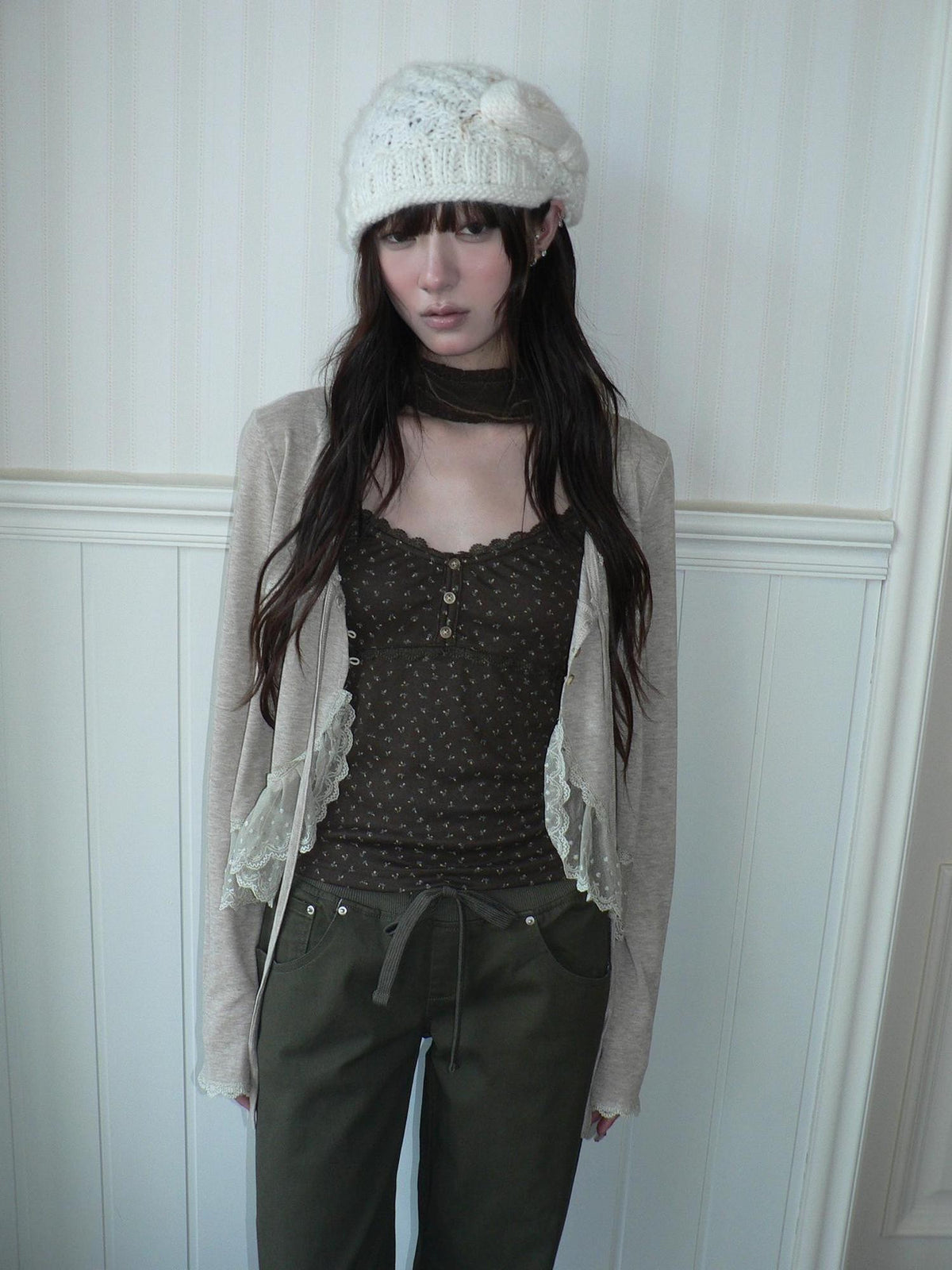 ang project Lace Panel Tie Front Floral Cami Long Sleeve Two Piece Women&