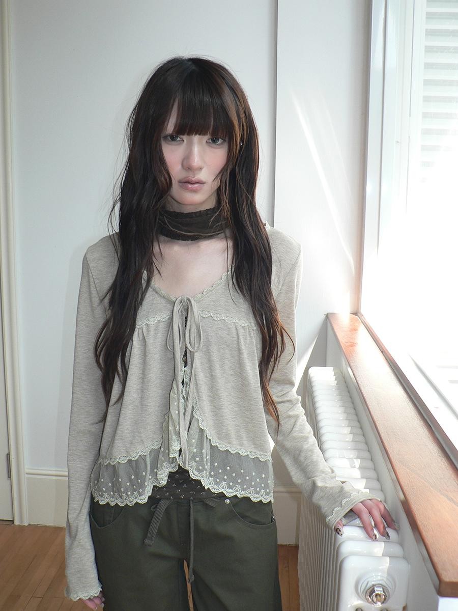 ang project Lace Panel Tie Front Floral Cami Long Sleeve Two Piece Women&