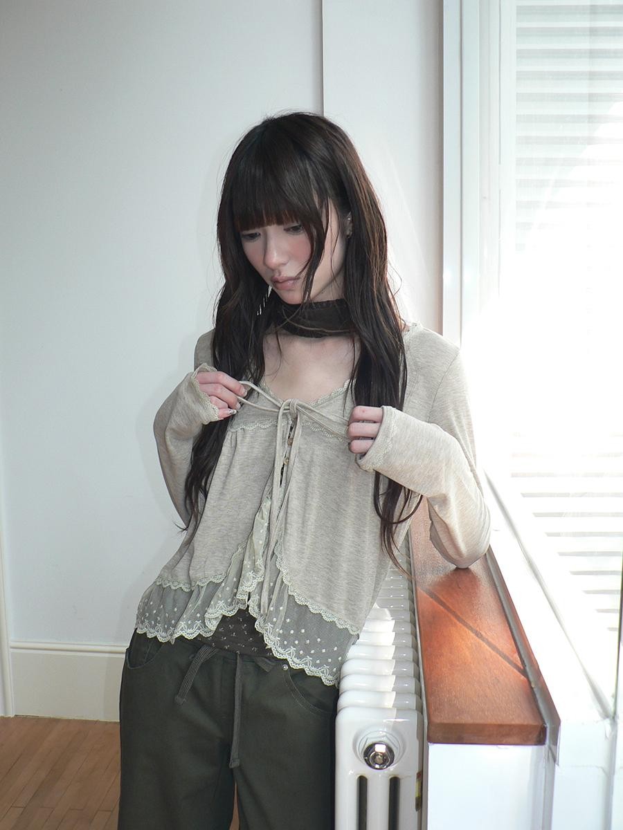 ang project Lace Panel Tie Front Floral Cami Long Sleeve Two Piece Women&