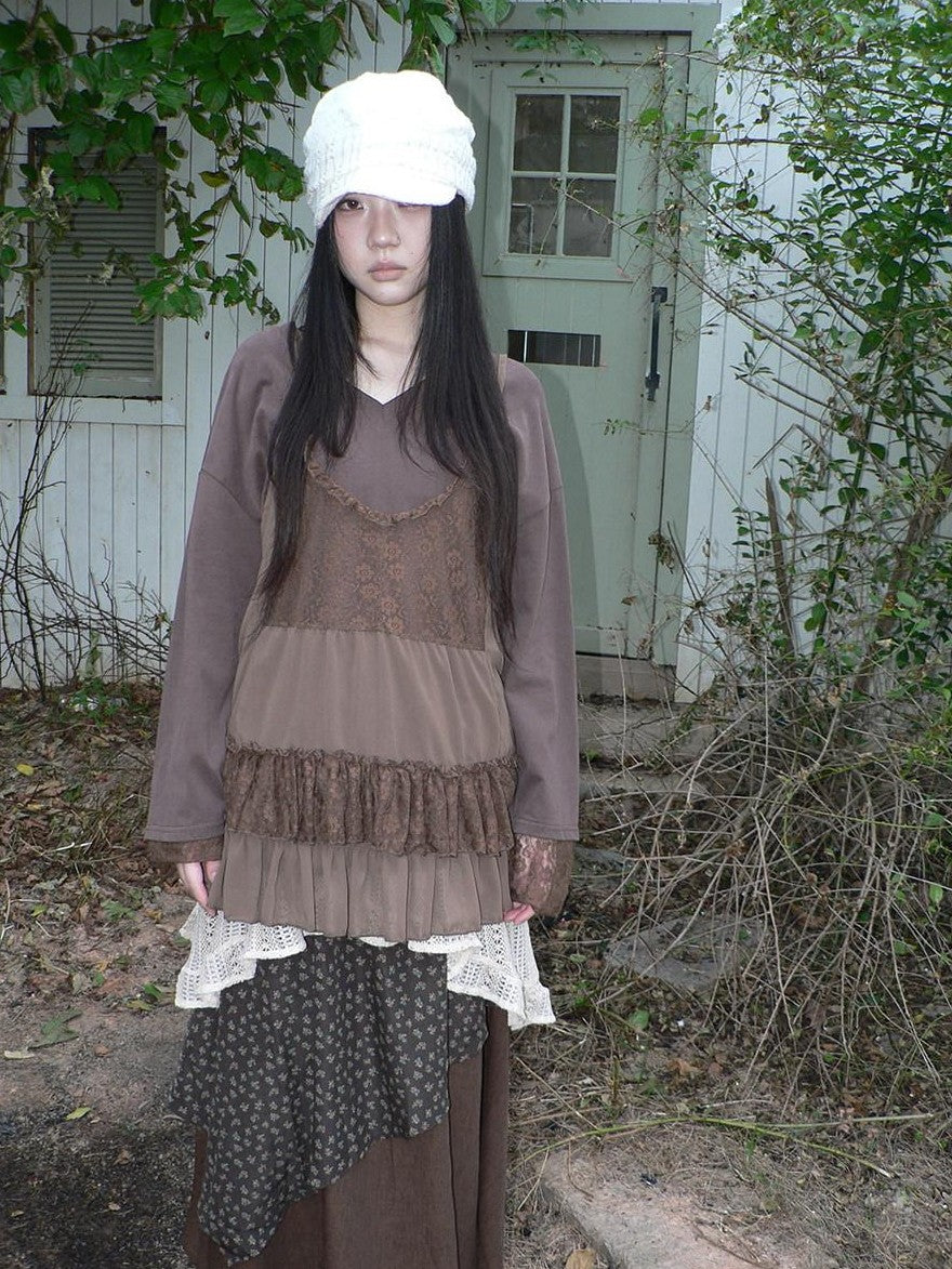 ang project Lace Print V-neck Camisole And Long Sleeve Loose Women&