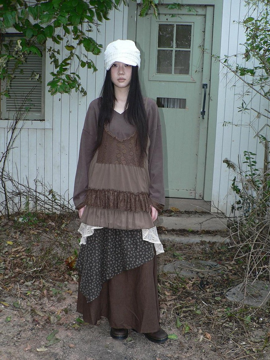 ang project Lace Print V-neck Camisole And Long Sleeve Loose Women&