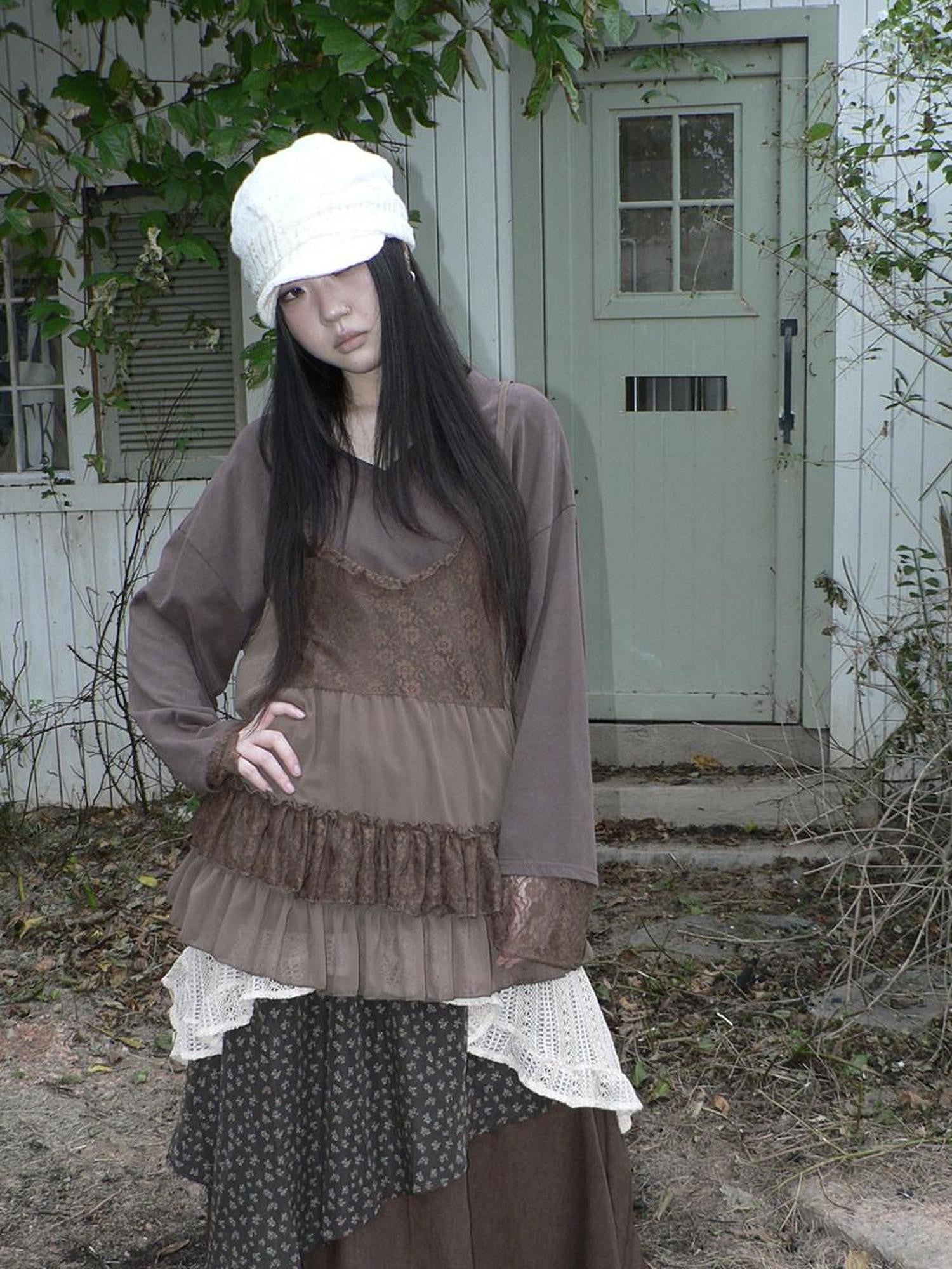 ang project Lace Print V-neck Camisole And Long Sleeve Loose Women&