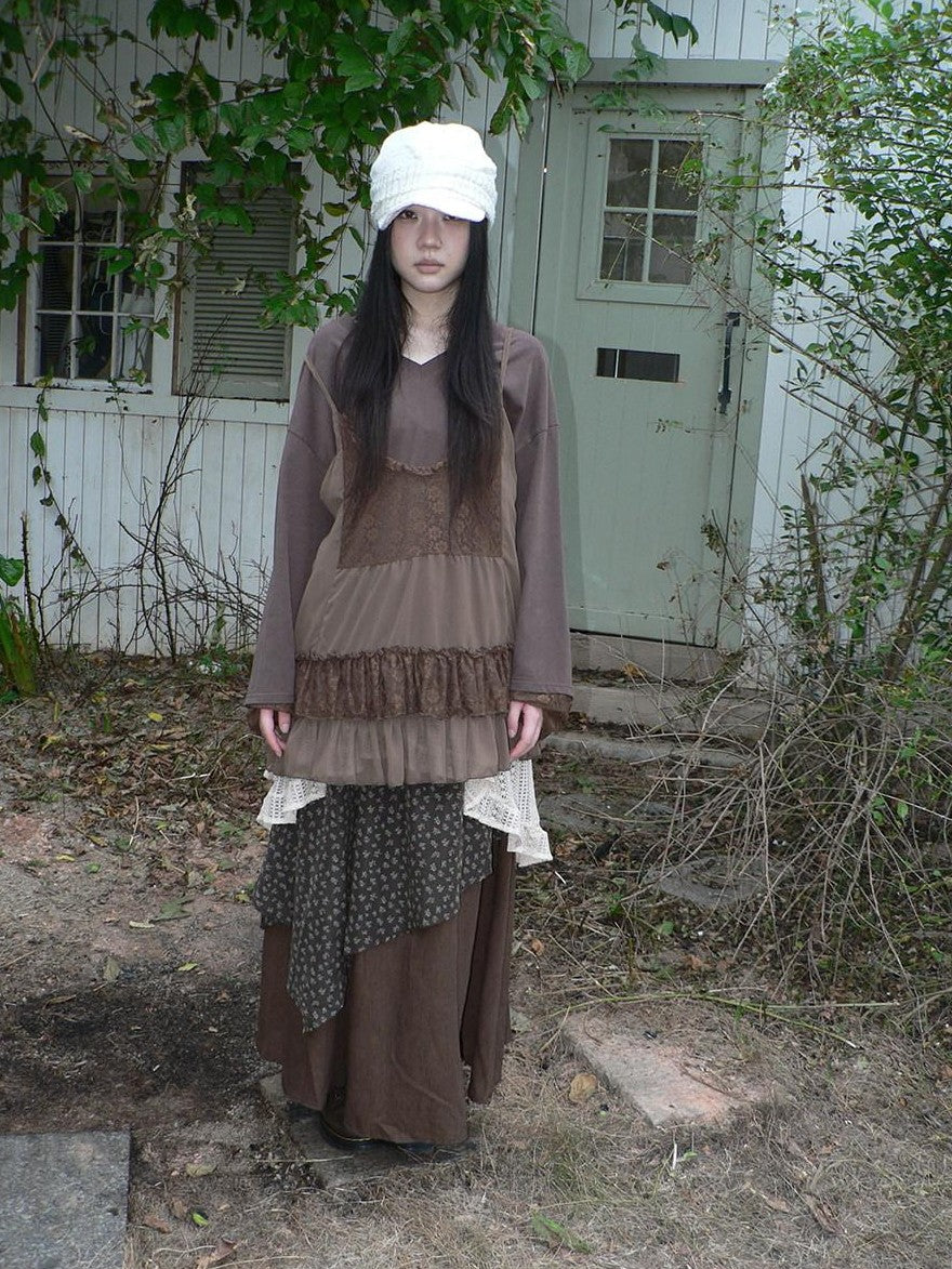 ang project Lace Print V-neck Camisole And Long Sleeve Loose Women&