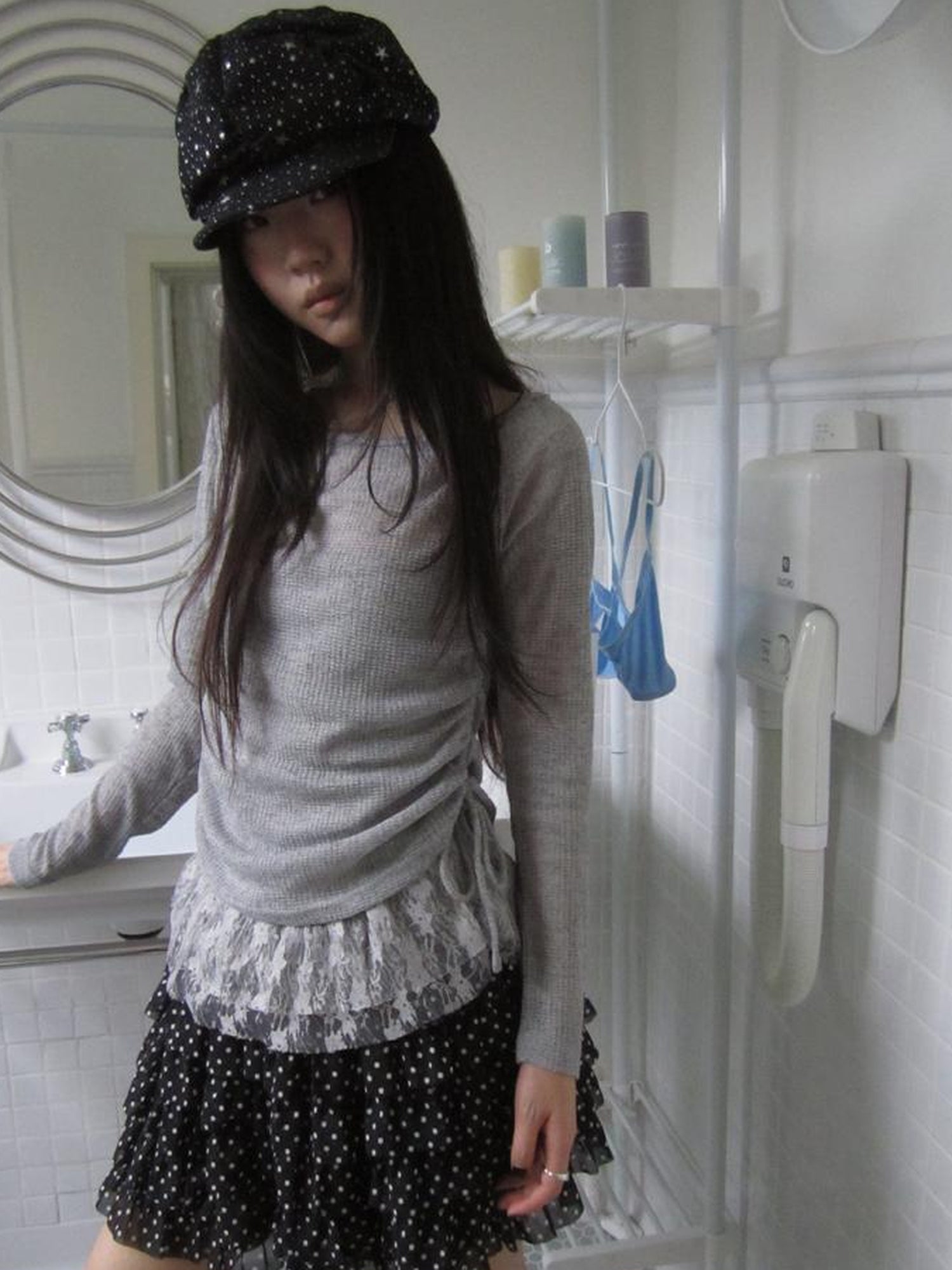 Updateang project Lace Trim Sleeveless Vest Single Shoulder Knit Long Sleeve Two Piece Set