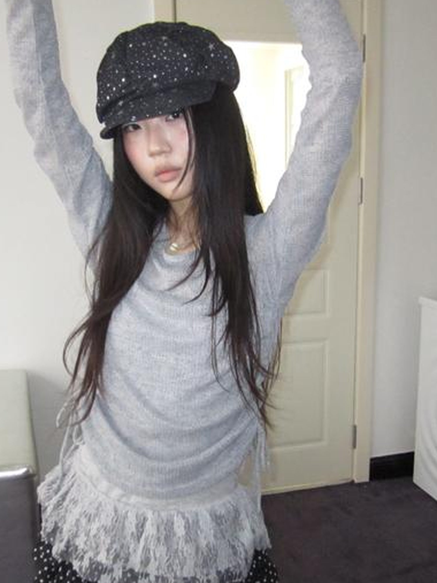Updateang project Lace Trim Sleeveless Vest Single Shoulder Knit Long Sleeve Two Piece Set