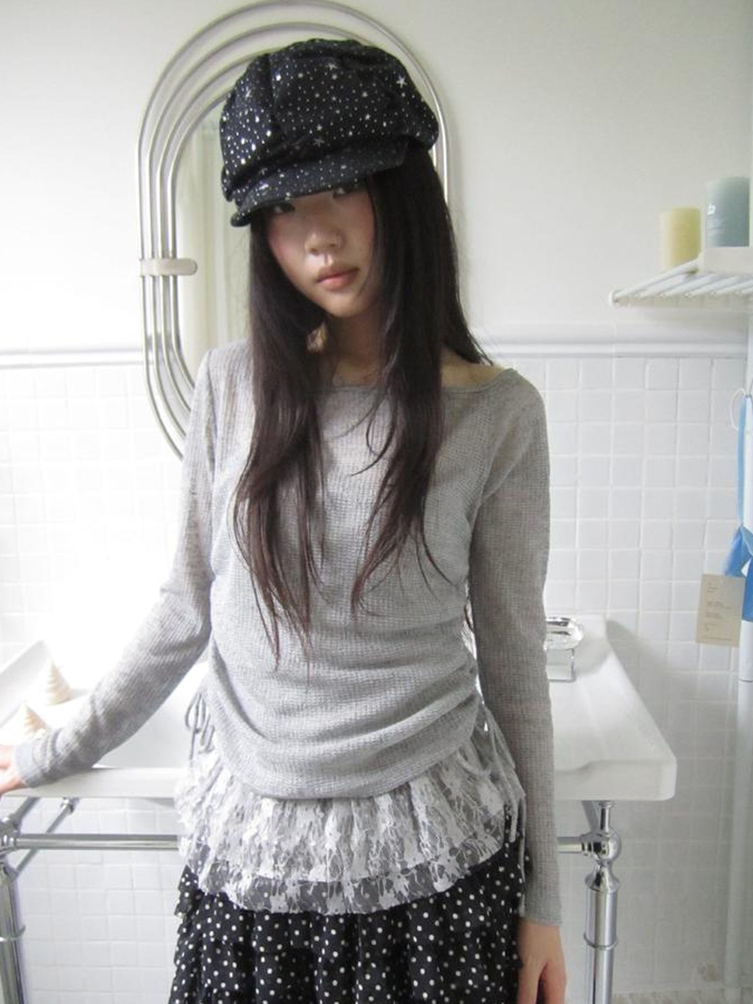 Updateang project Lace Trim Sleeveless Vest Single Shoulder Knit Long Sleeve Two Piece Set