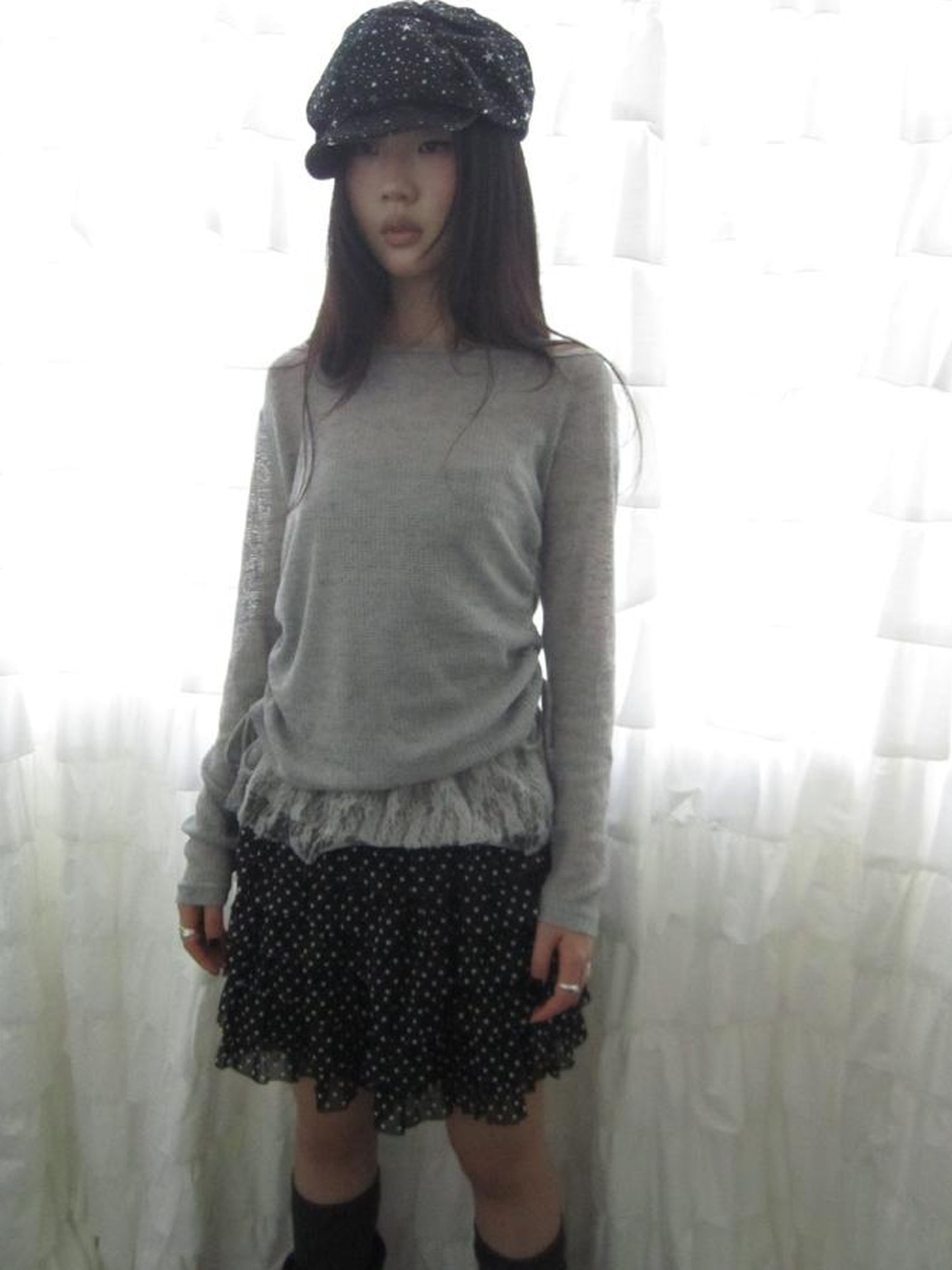 Updateang project Lace Trim Sleeveless Vest Single Shoulder Knit Long Sleeve Two Piece Set
