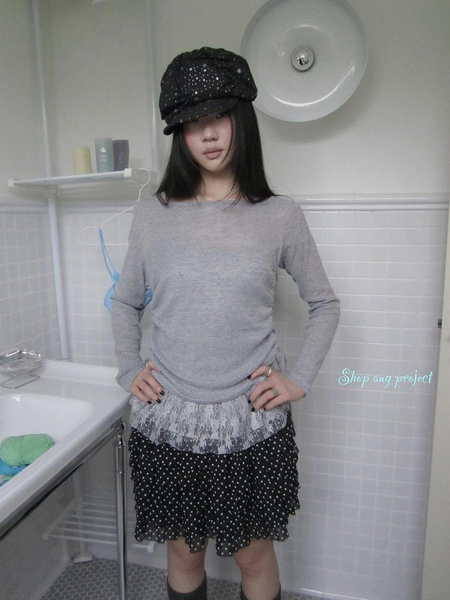 Updateang project Lace Trim Sleeveless Vest Single Shoulder Knit Long Sleeve Two Piece Set