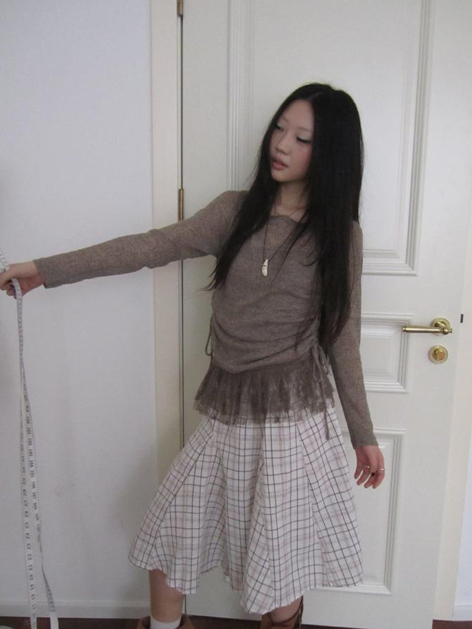 Updateang project Lace Trim Sleeveless Vest Single Shoulder Knit Long Sleeve Two Piece Set