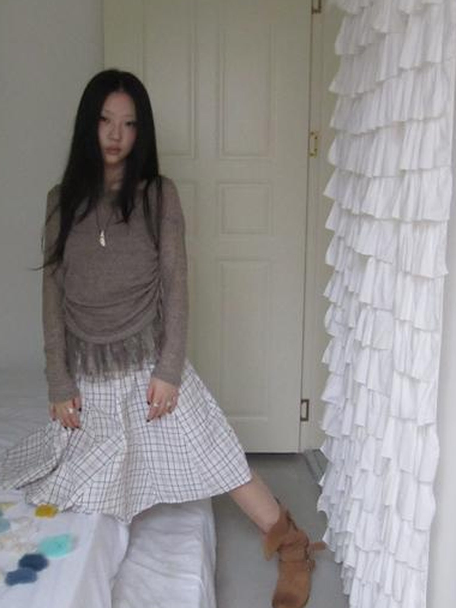 Updateang project Lace Trim Sleeveless Vest Single Shoulder Knit Long Sleeve Two Piece Set