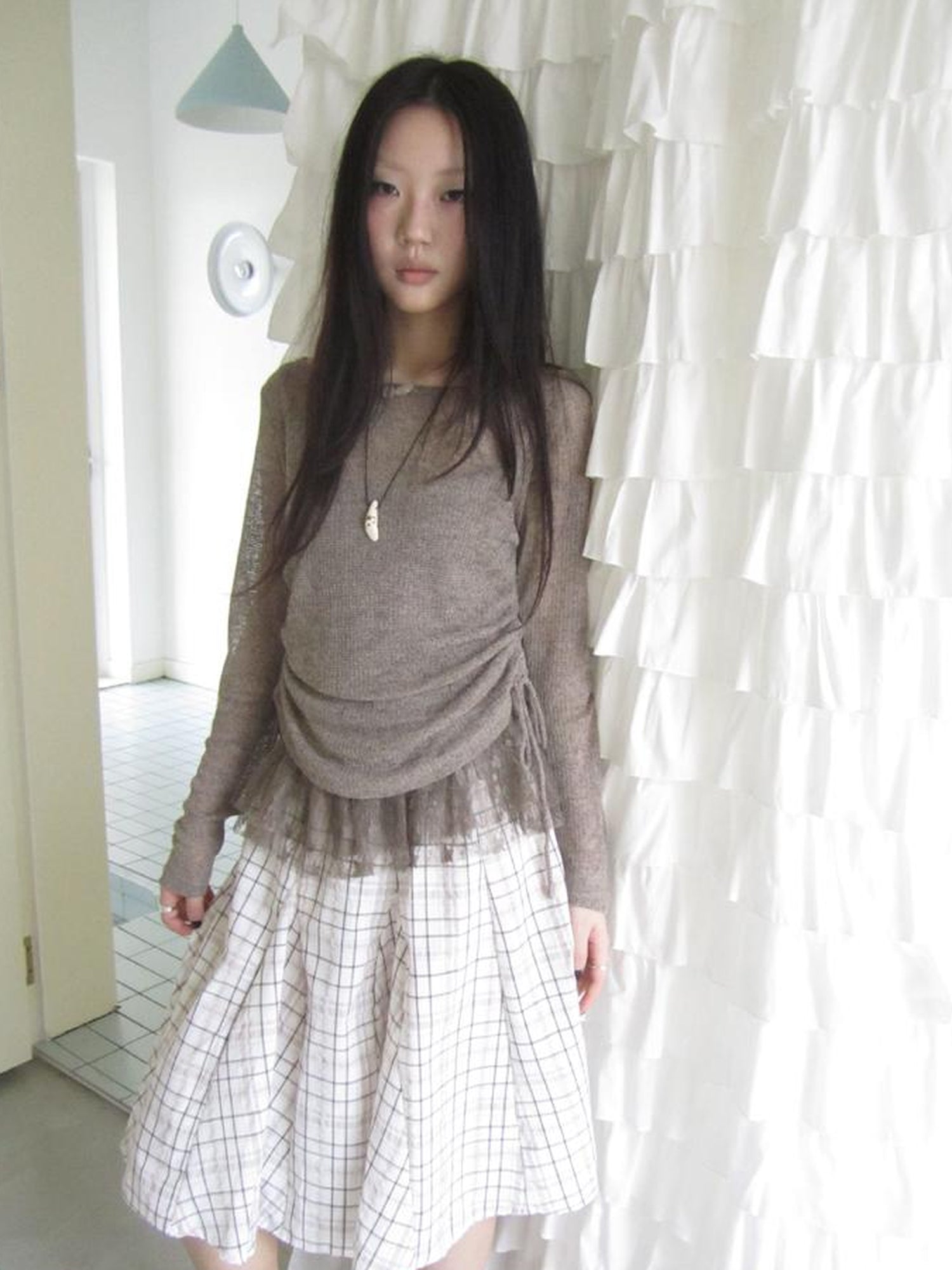 Updateang project Lace Trim Sleeveless Vest Single Shoulder Knit Long Sleeve Two Piece Set