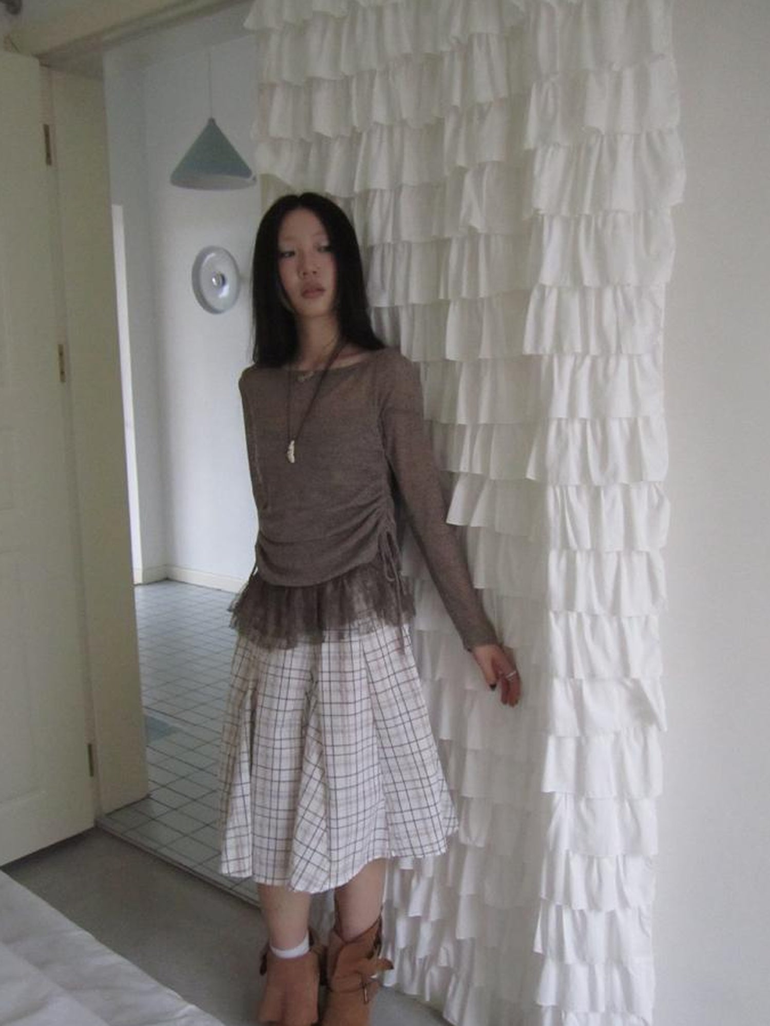 Updateang project Lace Trim Sleeveless Vest Single Shoulder Knit Long Sleeve Two Piece Set