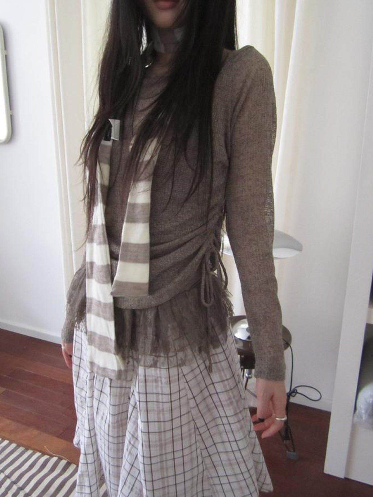 Updateang project Lace Trim Sleeveless Vest Single Shoulder Knit Long Sleeve Two Piece Set