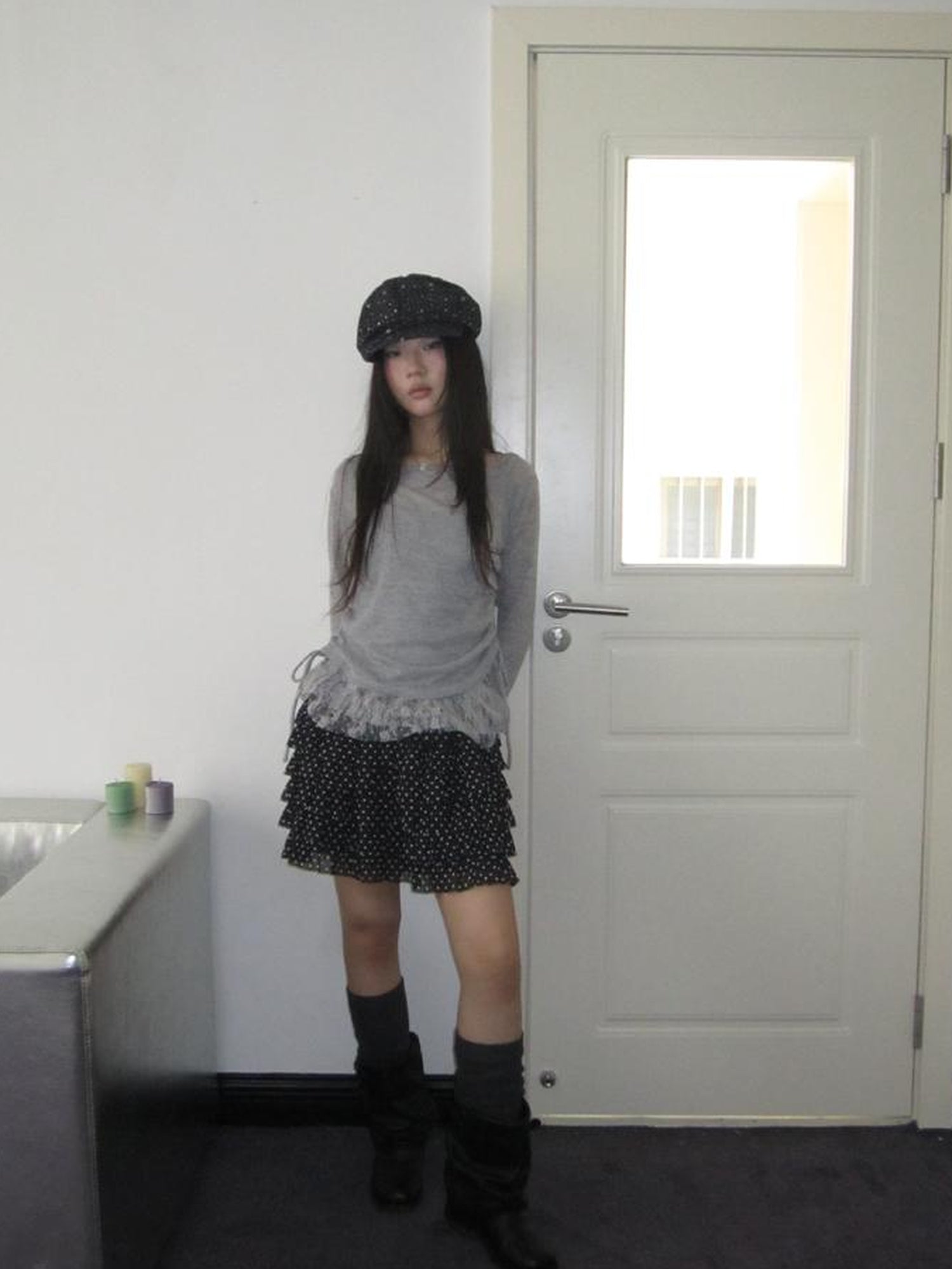 Updateang project Lace Trim Sleeveless Vest Single Shoulder Knit Long Sleeve Two Piece Set