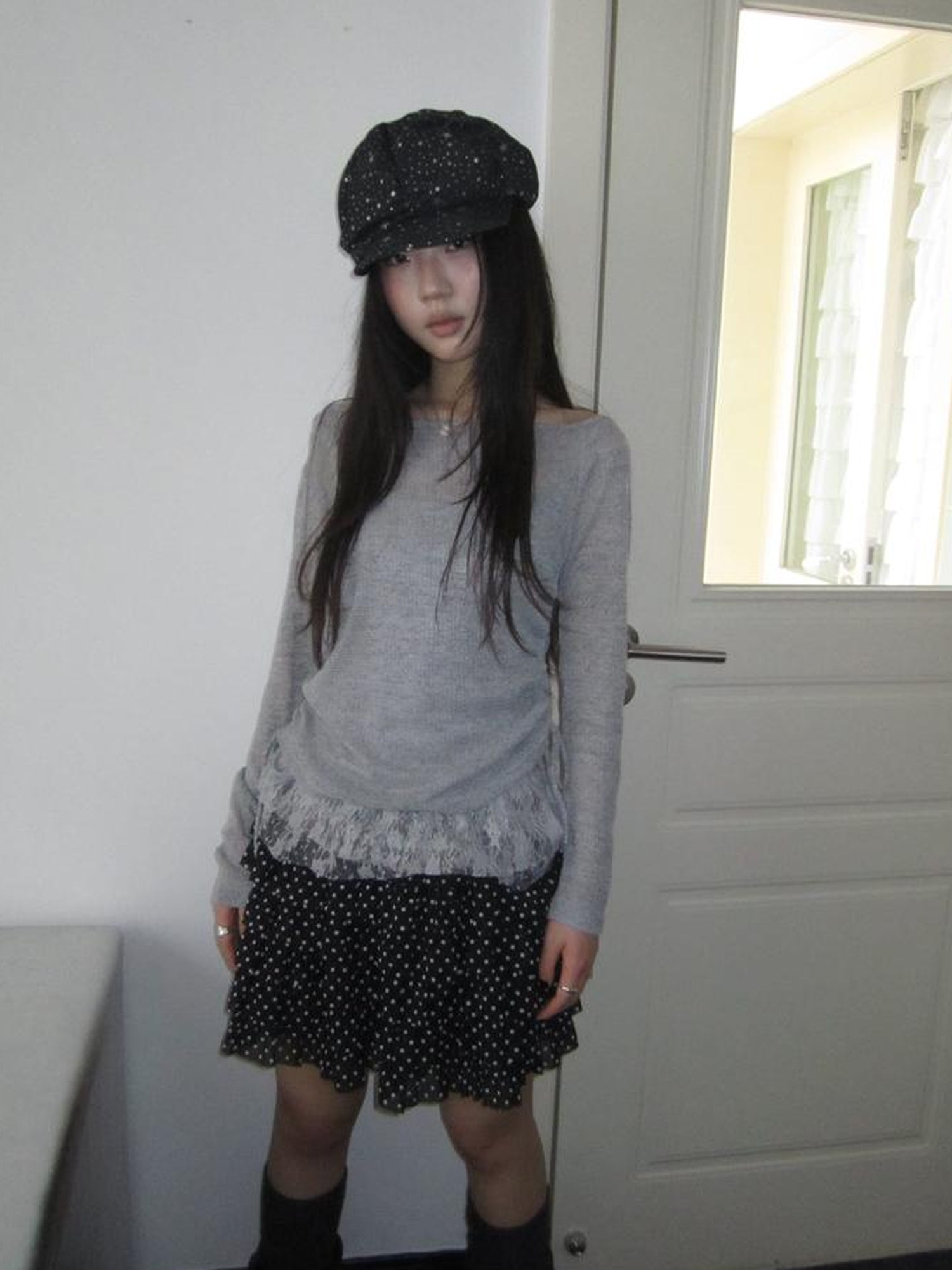 Updateang project Lace Trim Sleeveless Vest Single Shoulder Knit Long Sleeve Two Piece Set