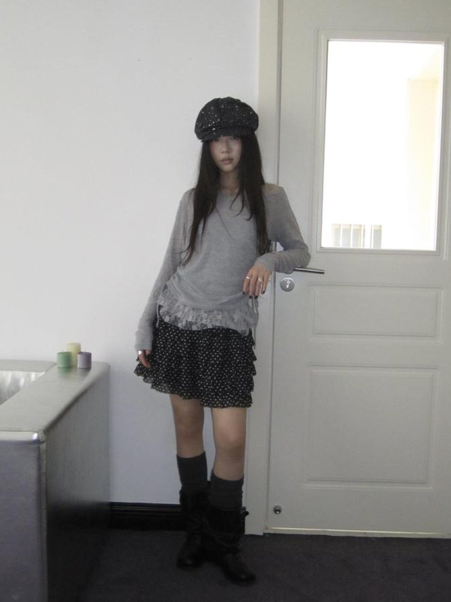 Updateang project Lace Trim Sleeveless Vest Single Shoulder Knit Long Sleeve Two Piece Set