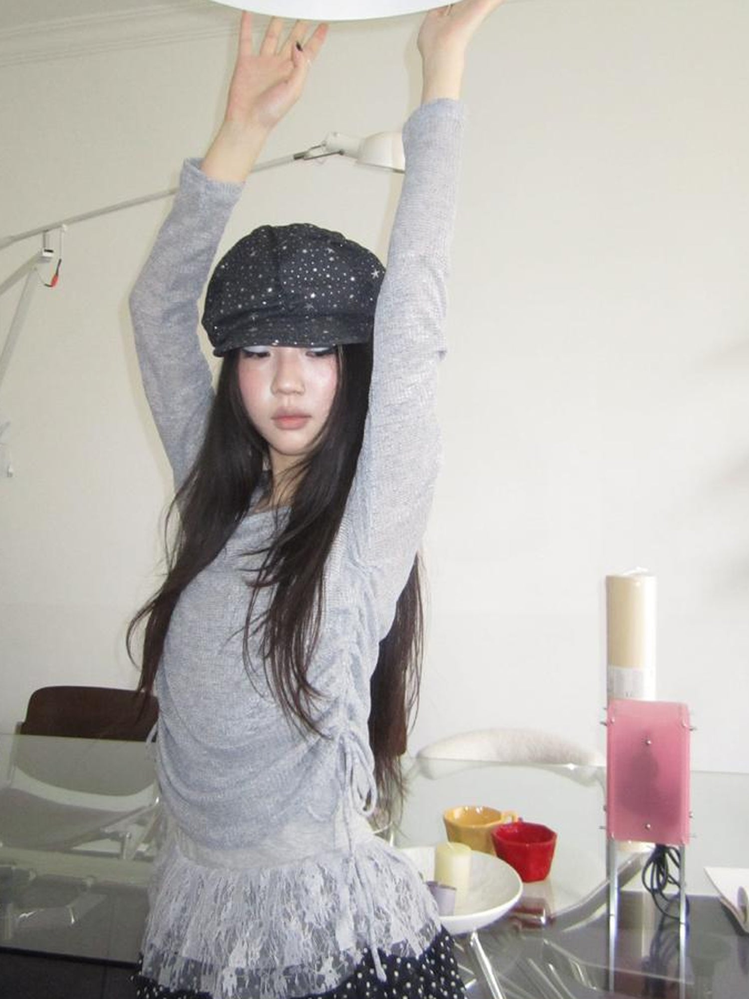 Updateang project Lace Trim Sleeveless Vest Single Shoulder Knit Long Sleeve Two Piece Set