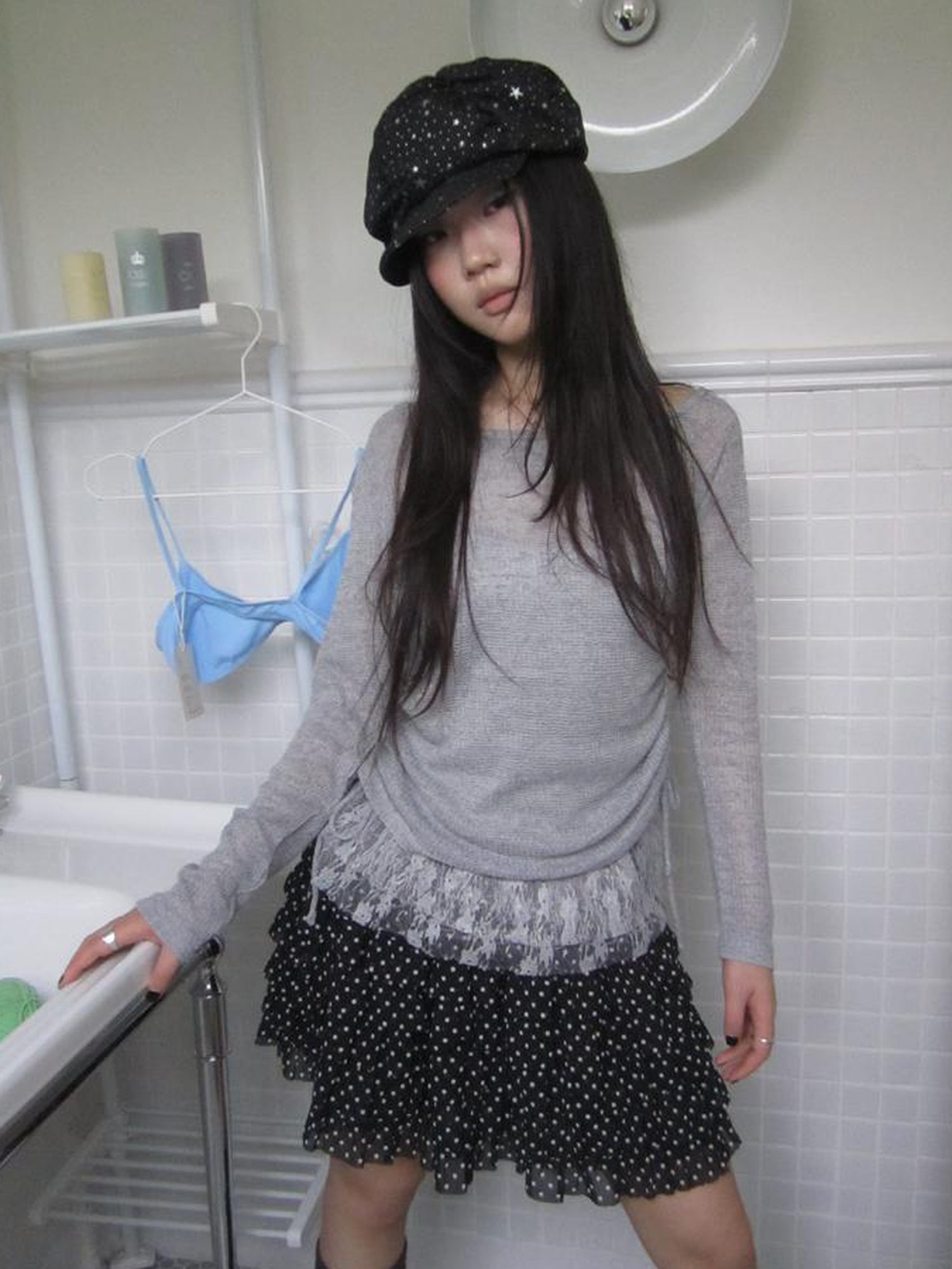 Updateang project Lace Trim Sleeveless Vest Single Shoulder Knit Long Sleeve Two Piece Set