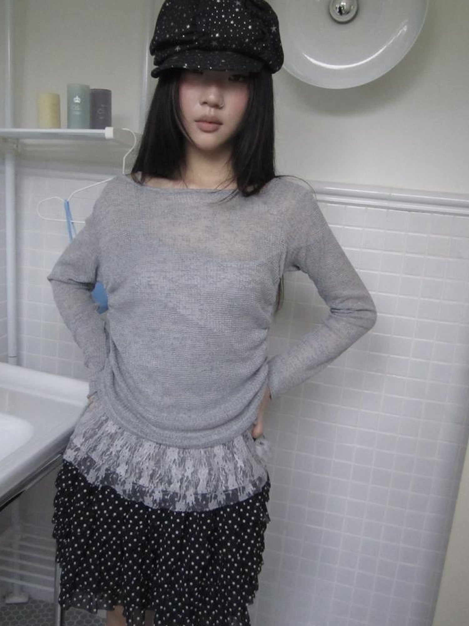 Updateang project Lace Trim Sleeveless Vest Single Shoulder Knit Long Sleeve Two Piece Set