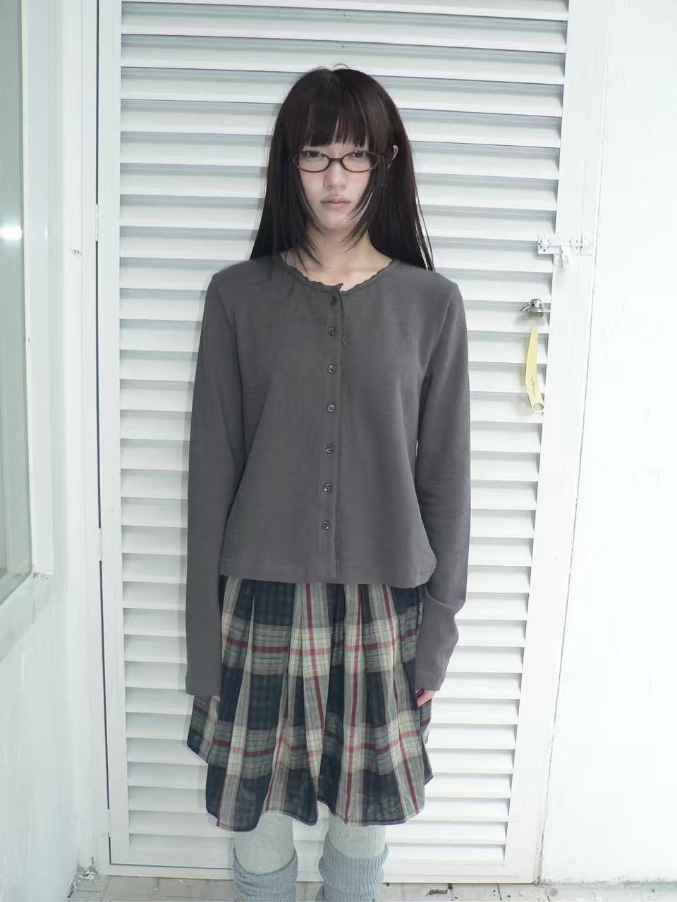 ang_project_Lace_Trim_Solid_Button_Front_Crew_Neck_Long_Sleeve_Women&