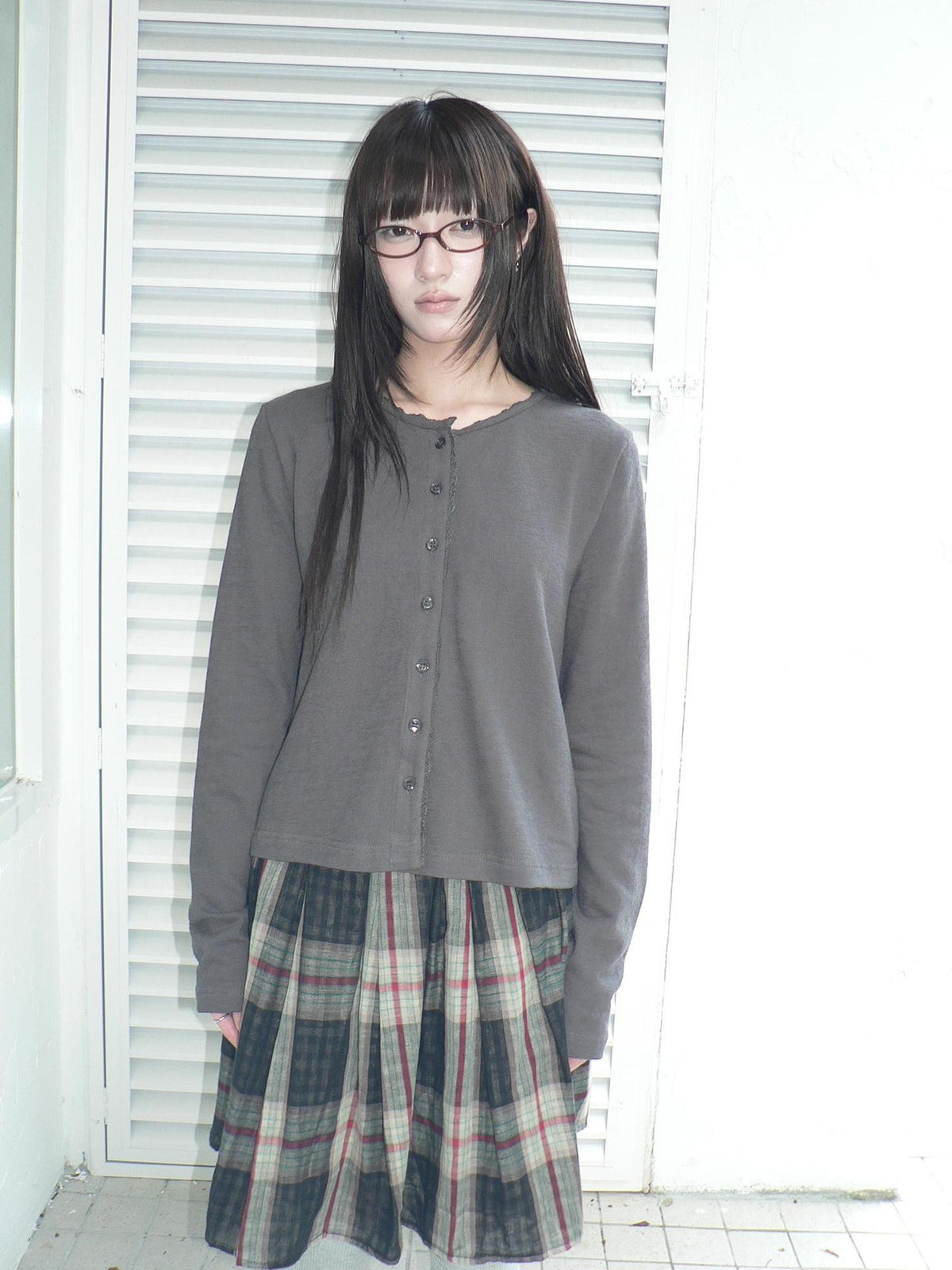 ang project Lace Trim Solid Button Front Crew Neck Long Sleeve Women&
