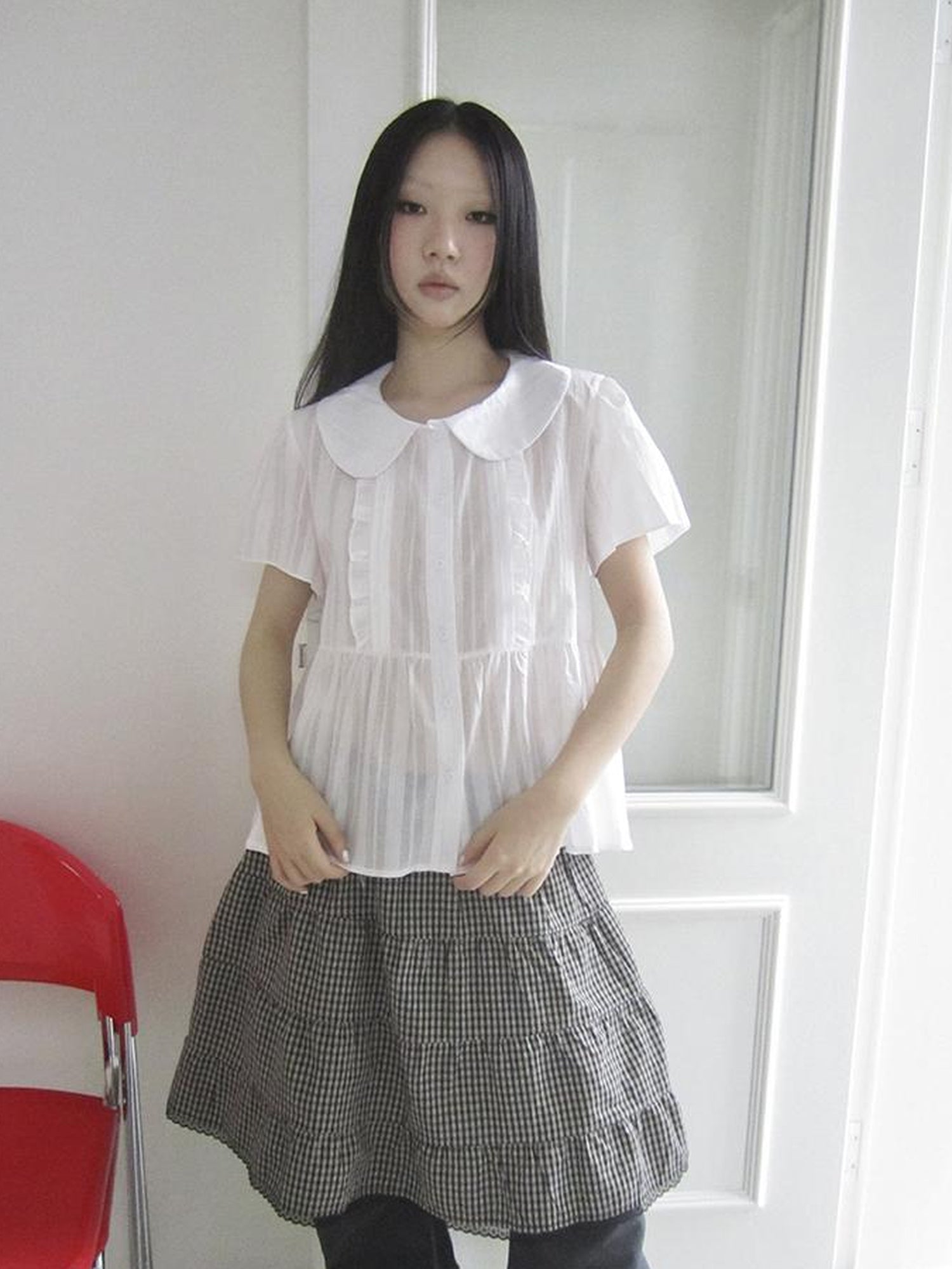 ang project Lace Trimmed Babydoll Collar Summer Blouse