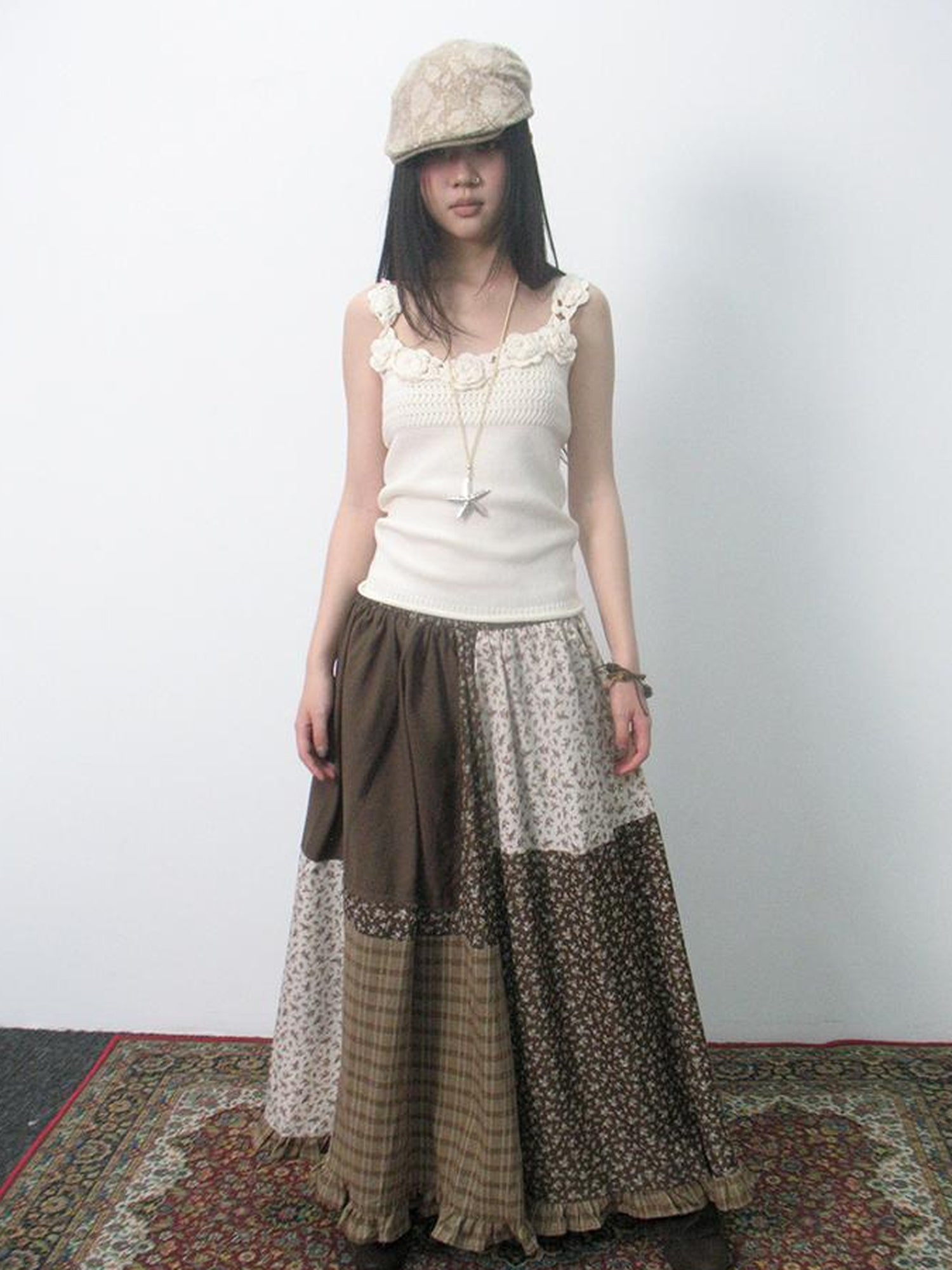 ang project Lace Trimmed Floral Print A Line Skirt