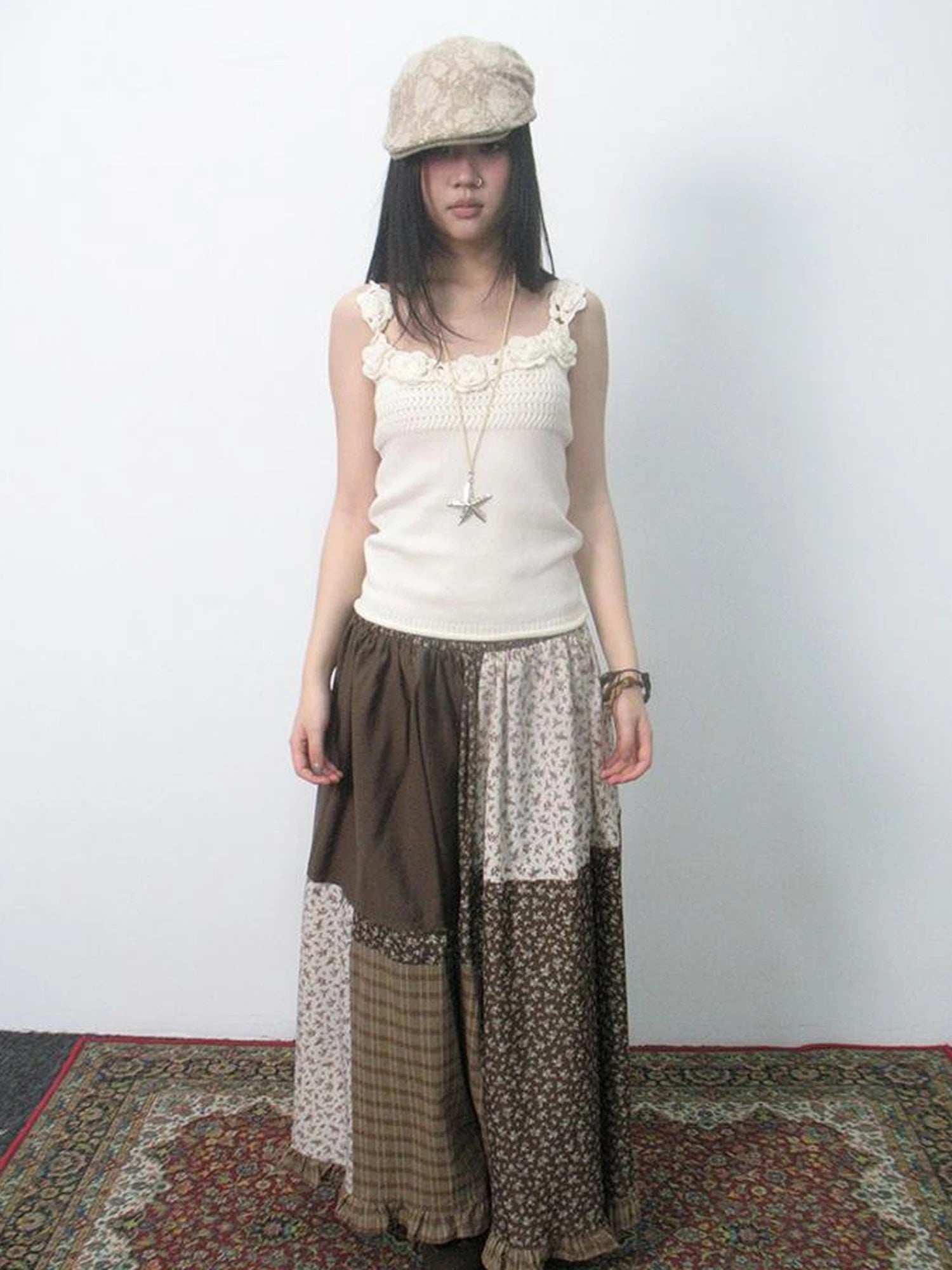 Lace Trimmed Floral Print A Line Skirt